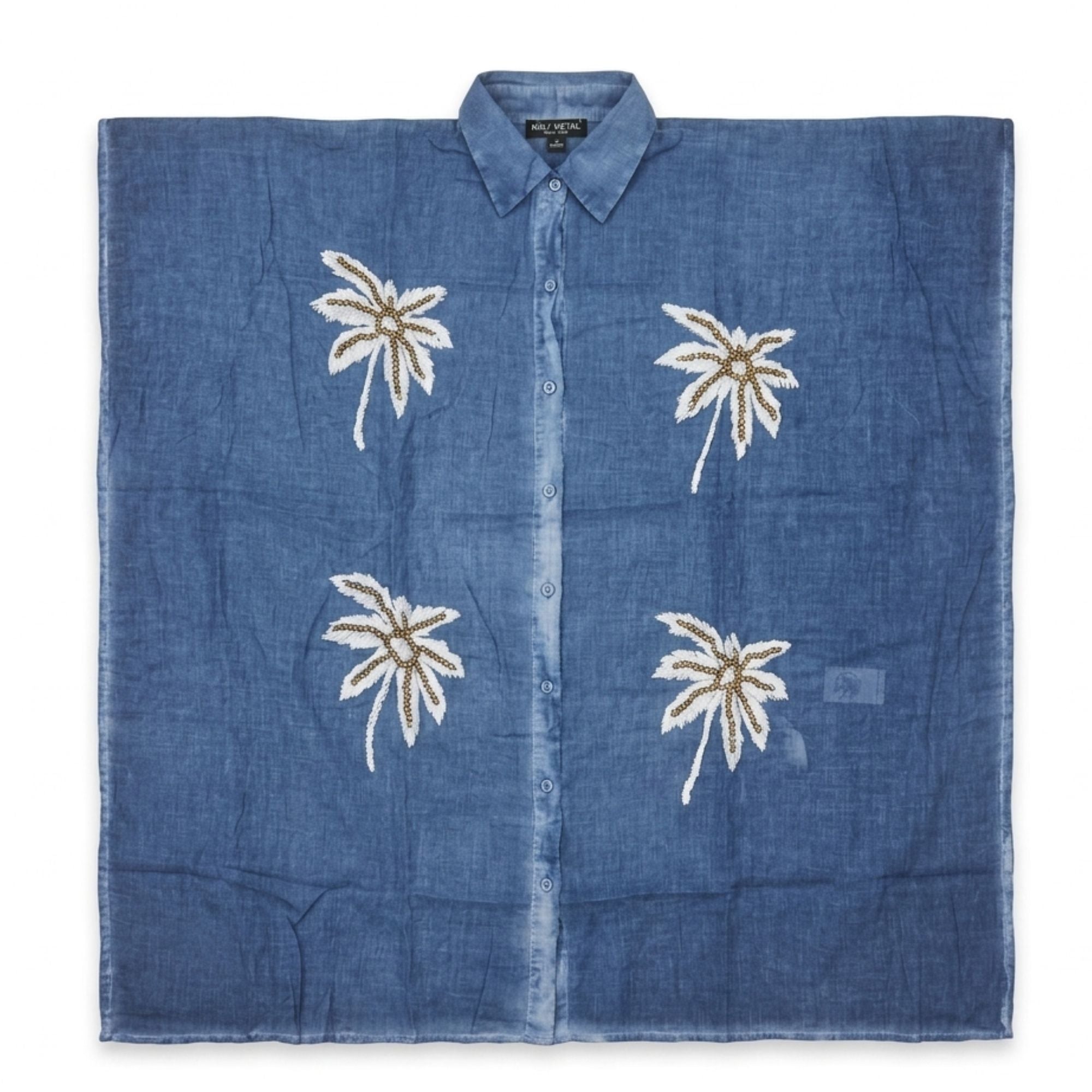 Kaftan Nomad Sari - Azul com Palmeiras Douradas e Branco
