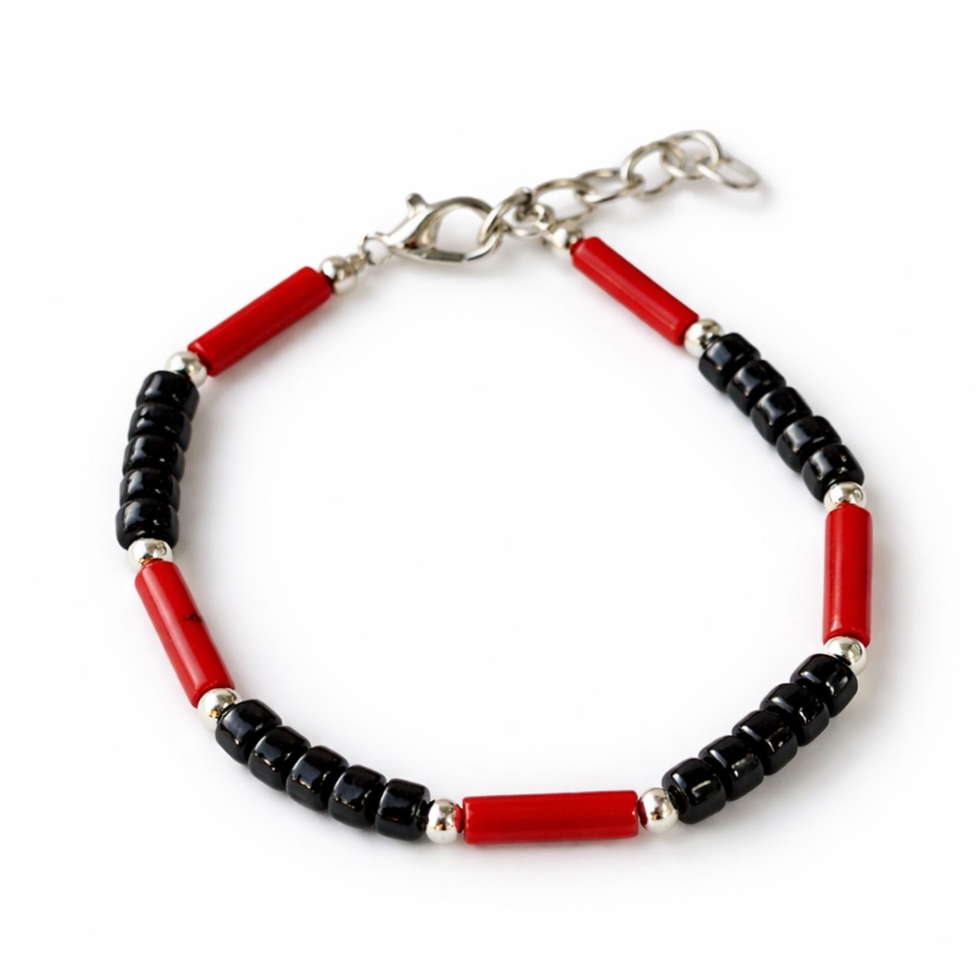Colar com Pendente Om Nepalês de Ónix e Coral - (50 cm) e Pulseira - (17 cm) Conjunto
