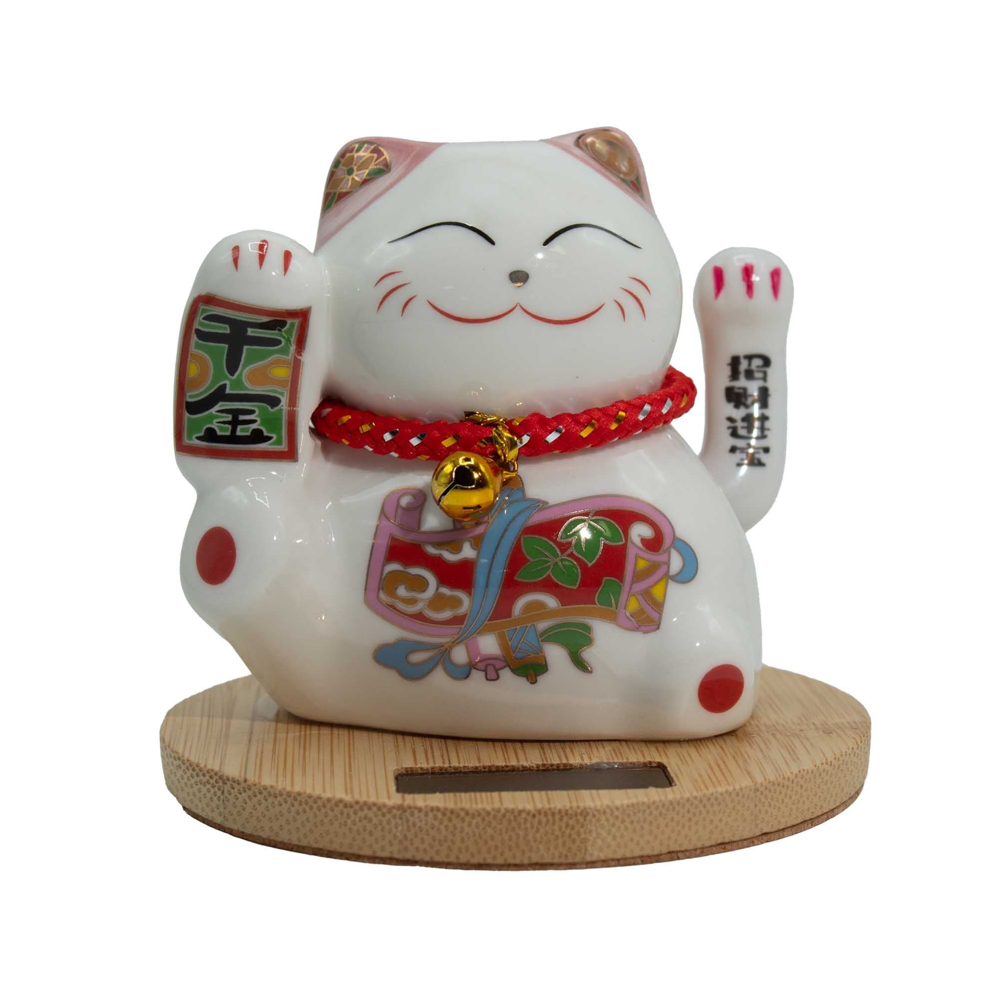Gato da Sorte Maneki Neko Solar com Base de Madeira, Mão Rosa