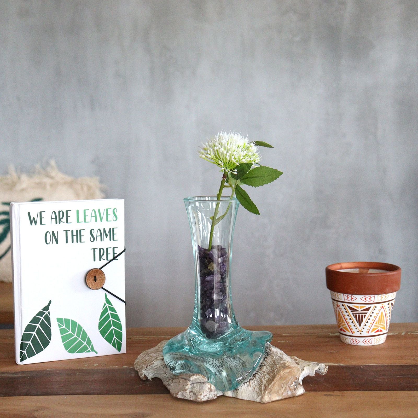 Small Cast Glass Planter on Whitewashed Wood