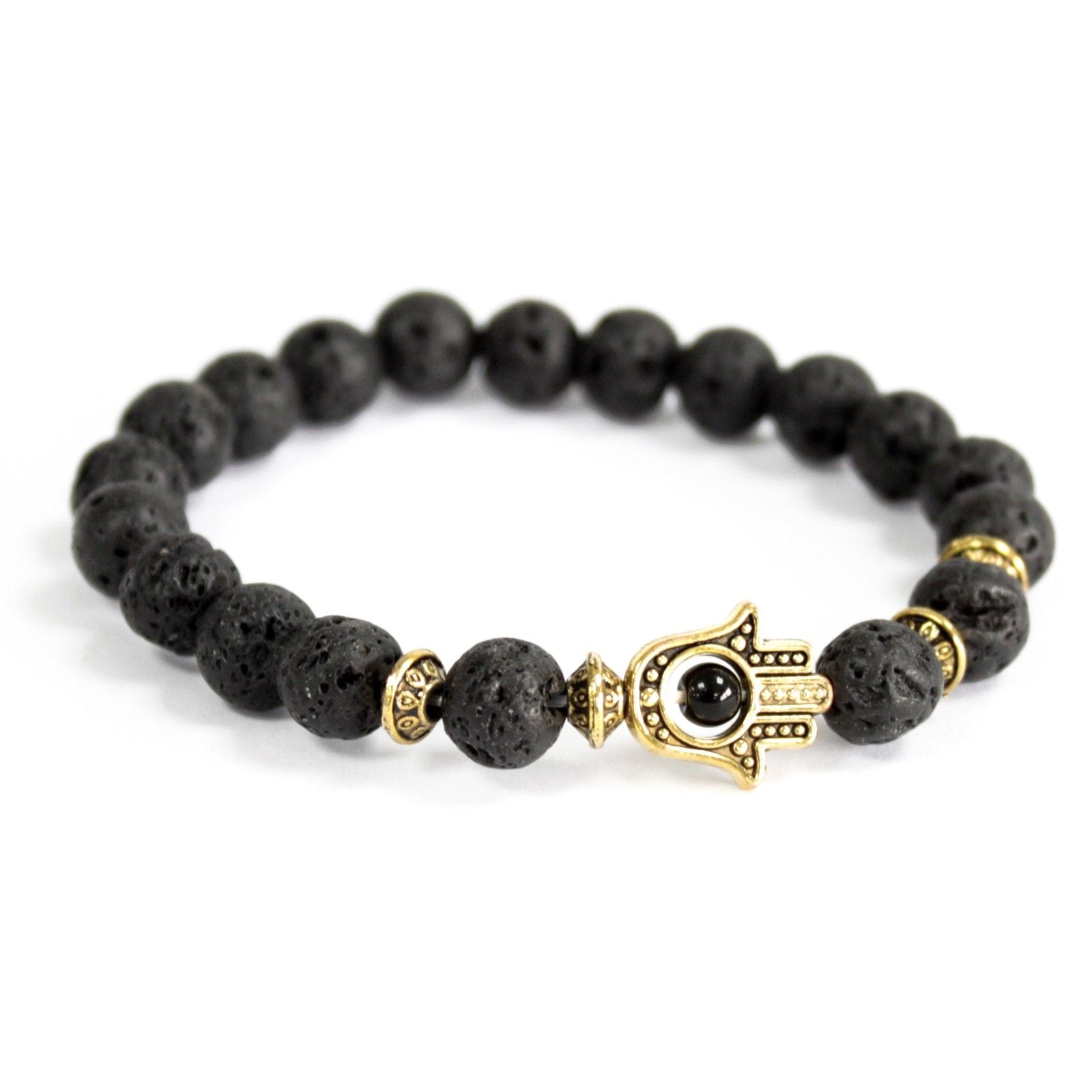 Lava Stone Bracelet with Golden Hamsa