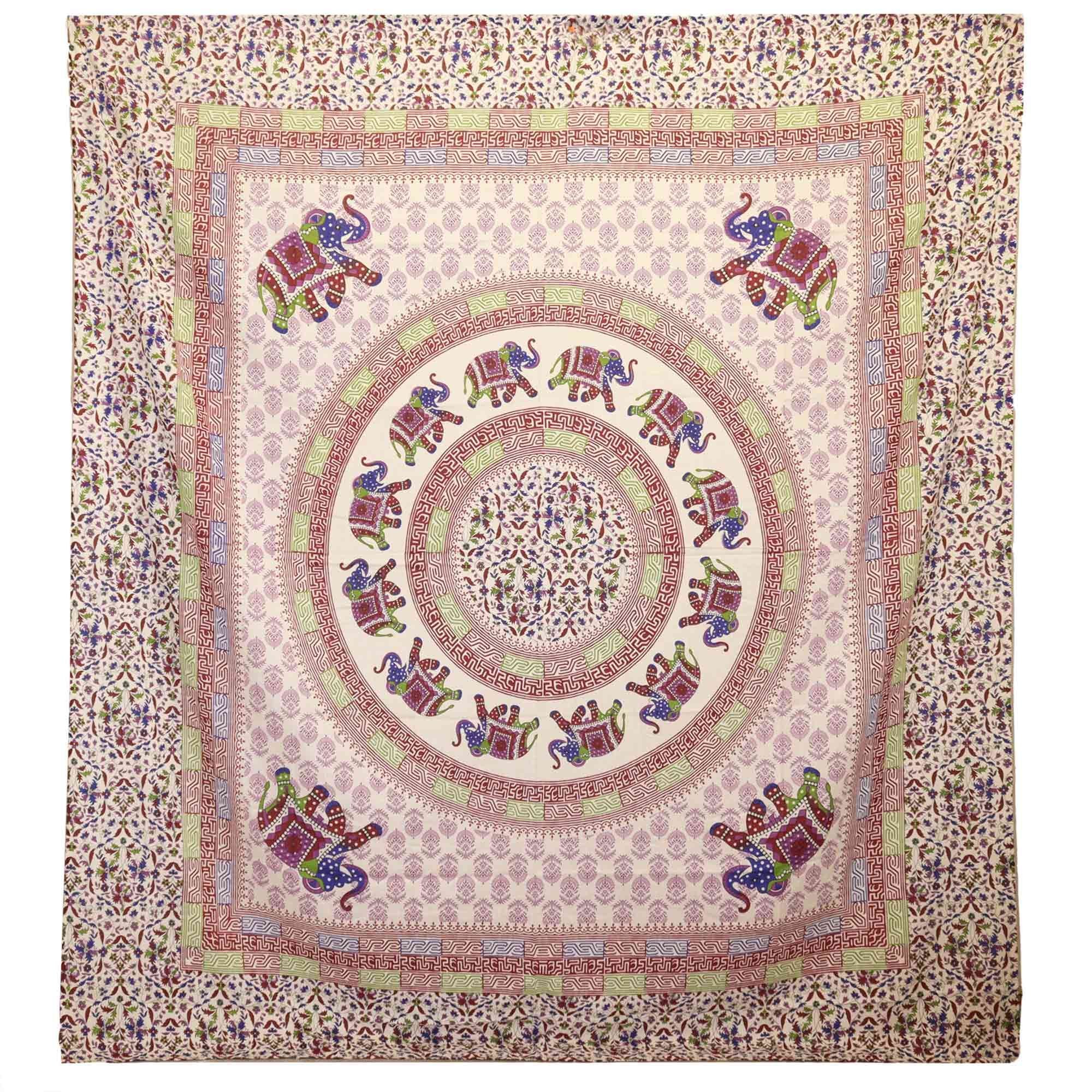Tapeçaria de Parede Mandala Elefante Violeta e Azul sobre Creme