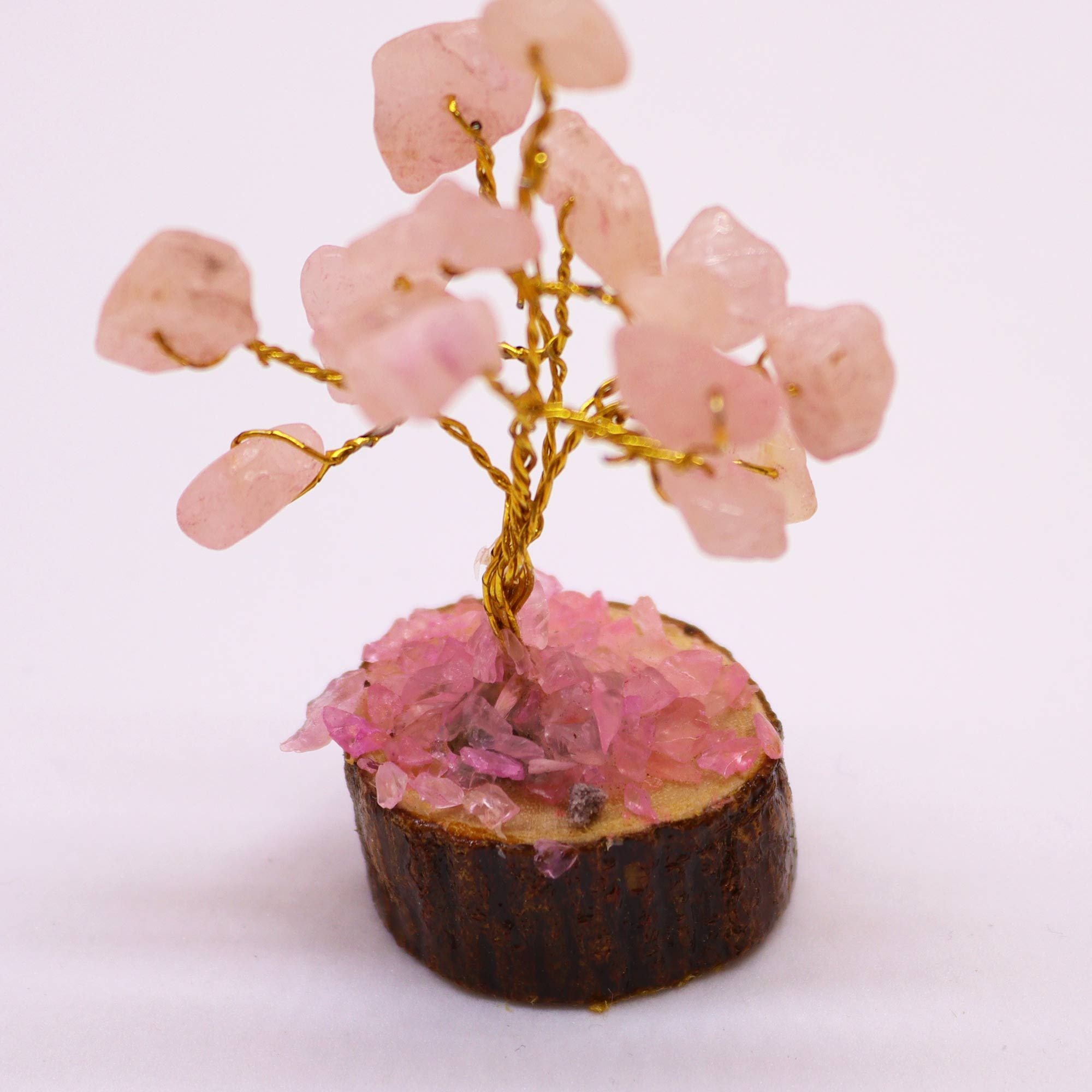 Mini Árbol de Piedras Naturales Base de Madera Cuarzo Rosa (15 Piedras)