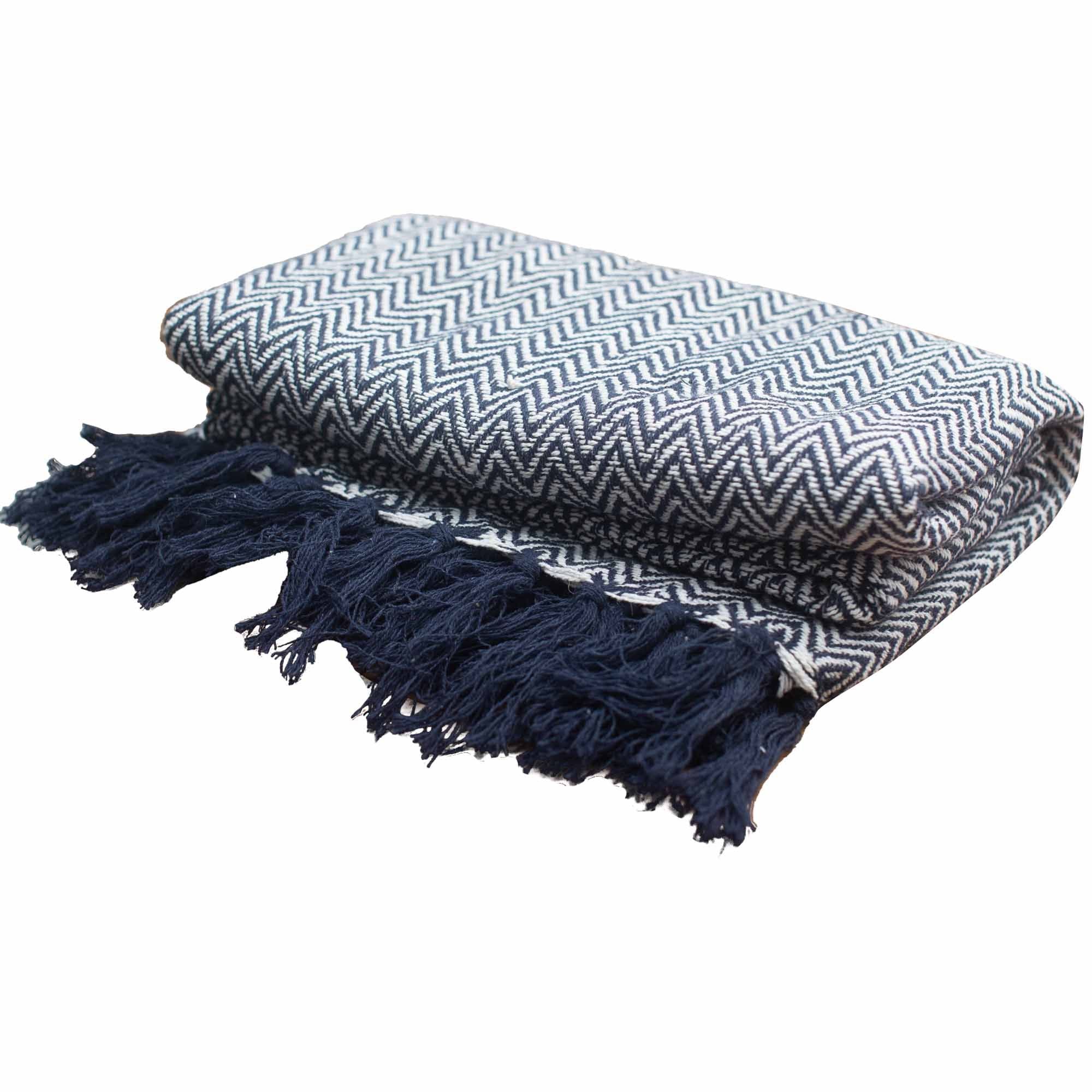 Manta Boho Conforto Zigzag Azul Marinho