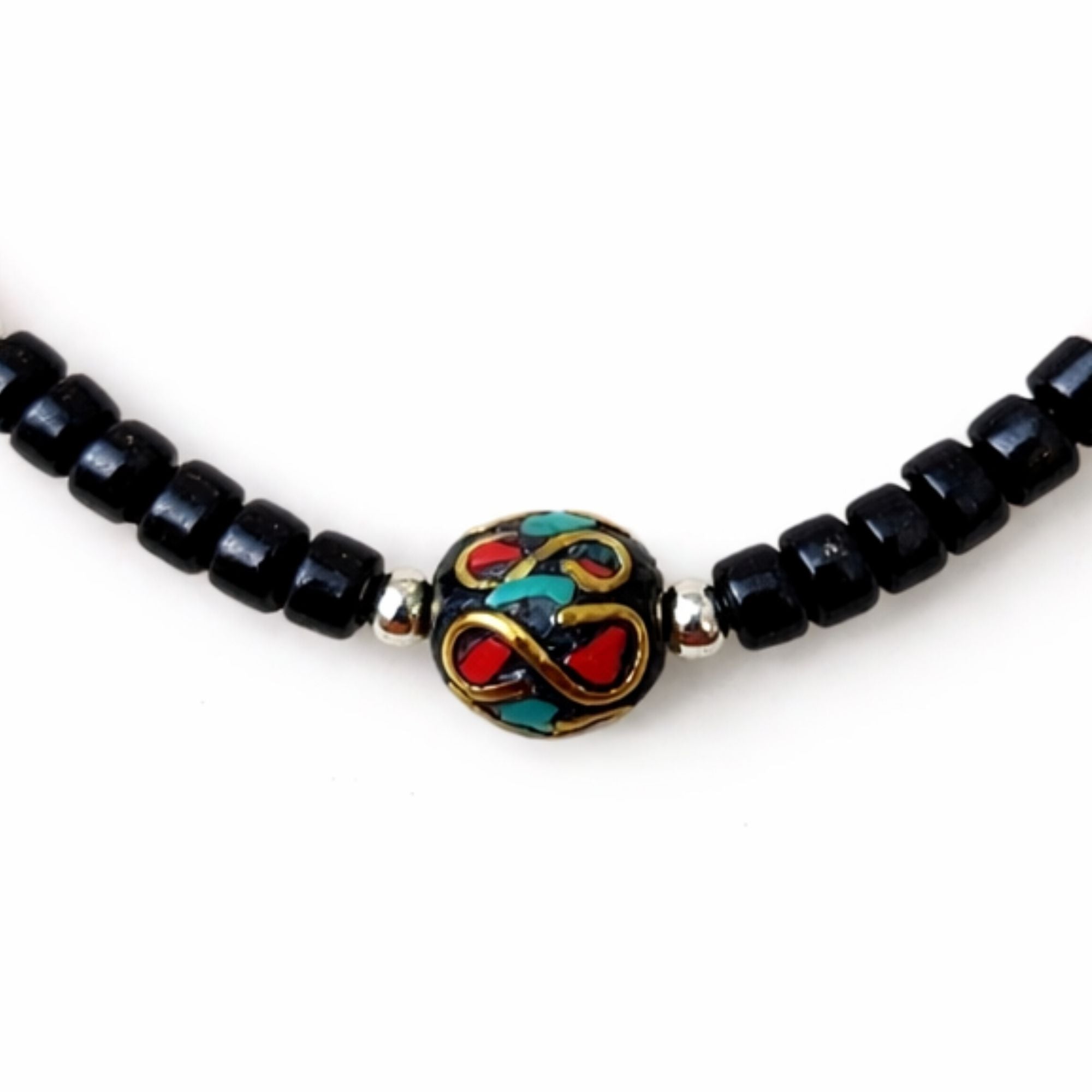 Collar con Colgante Om Nepalí de Ónice y Coral - (50 cm) y Pulsera - (17 cm) Conjunto
