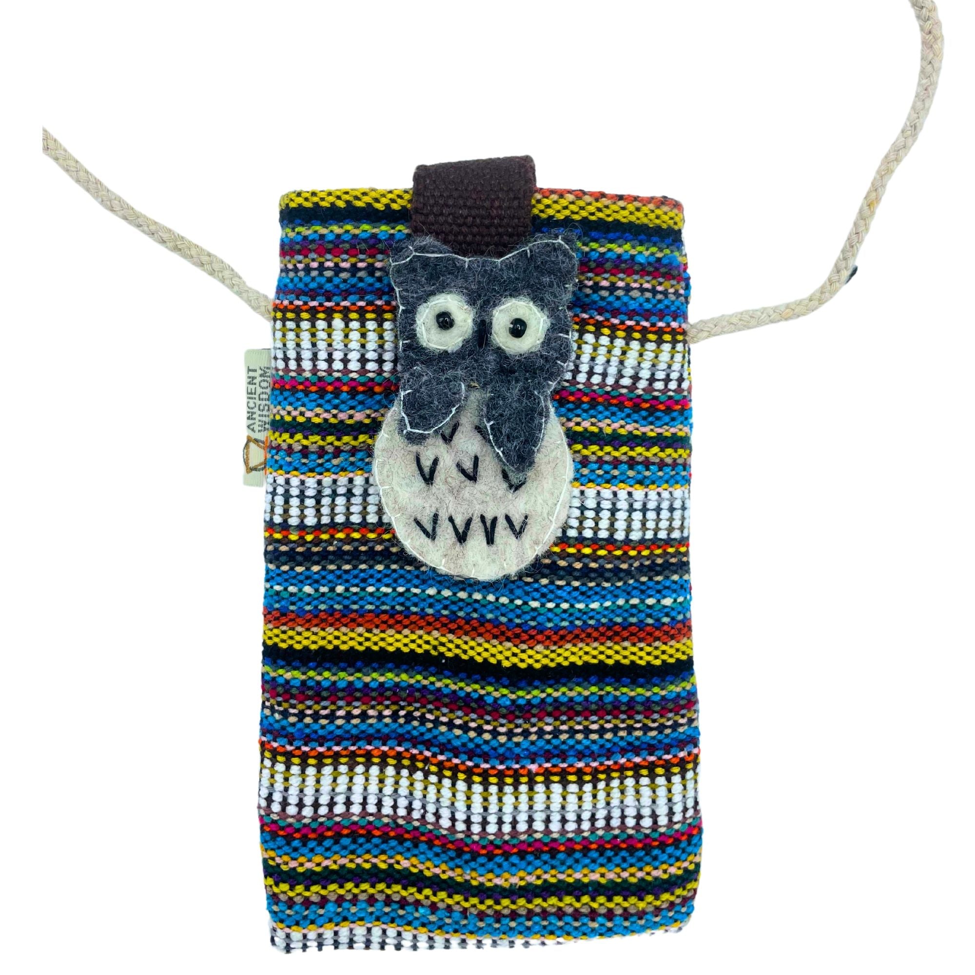 Bolsa para Telemóvel com riscas multicolor e branco - Decorada com coruja
