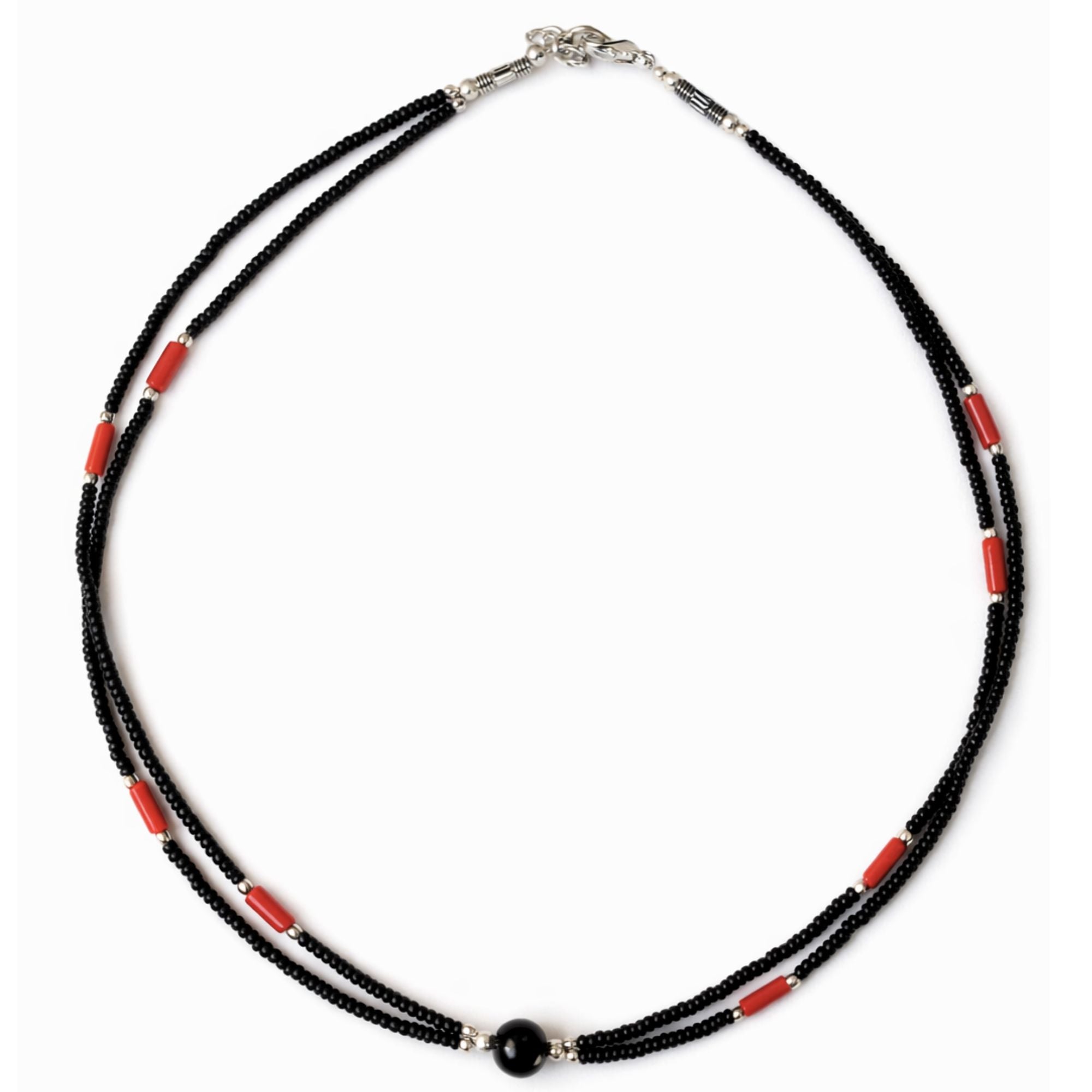 Colar Nepalês Extrafino de Duas Linhas - Pendente Preto e Coral