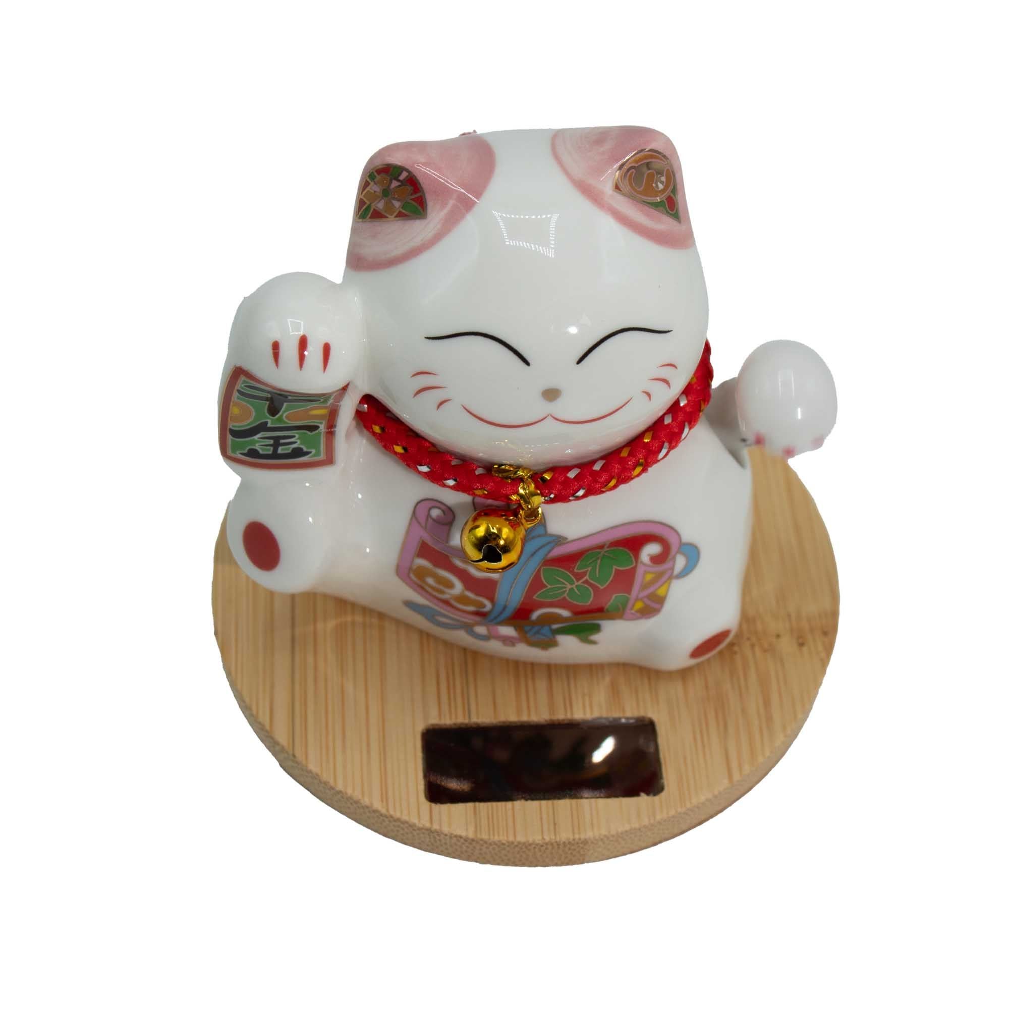Gato da Sorte Maneki Neko Solar com Base de Madeira, Mão Rosa