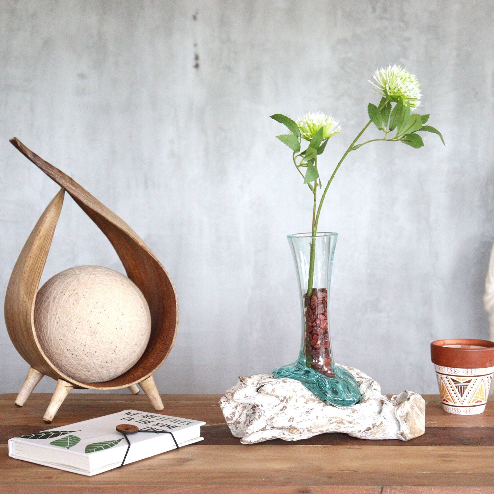 Small Cast Glass Planter on Whitewashed Wood