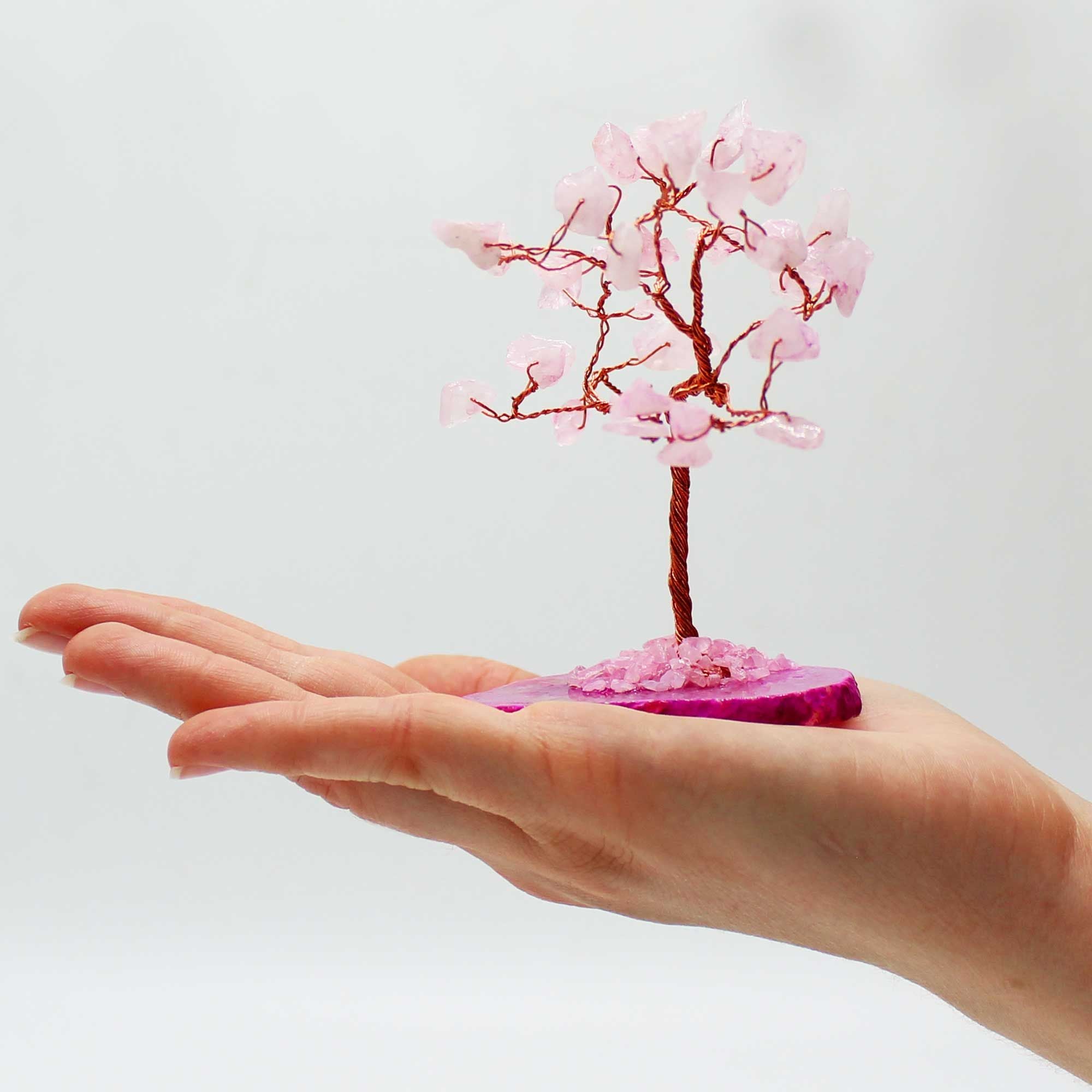 Árvore de Pedras Naturais Quartzo Rosa Base de Ágata Rosa (35 Pedras)