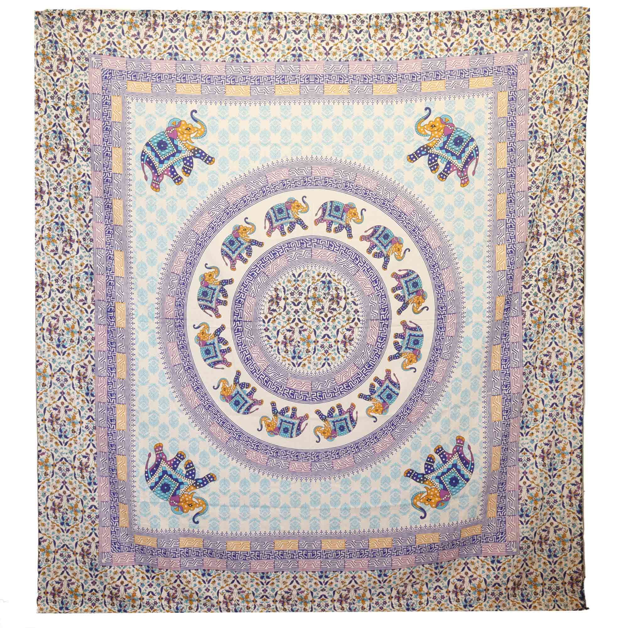Tapeçaria ou Colgante Mandala Elefante Turquesa e Azul sobre Creme