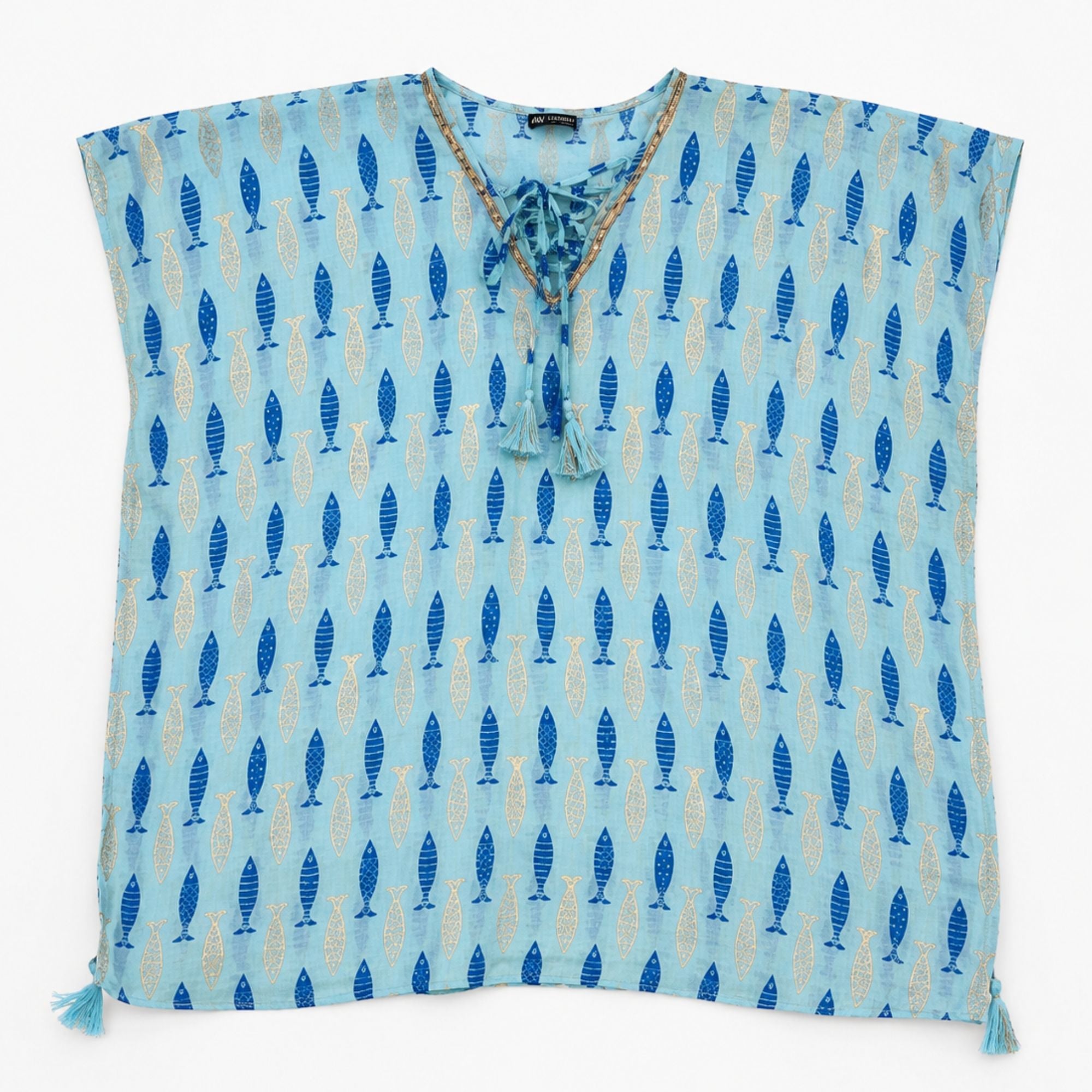 Kaftan Nomad Sari - Turquesa e Azul com Estampado de Peixes