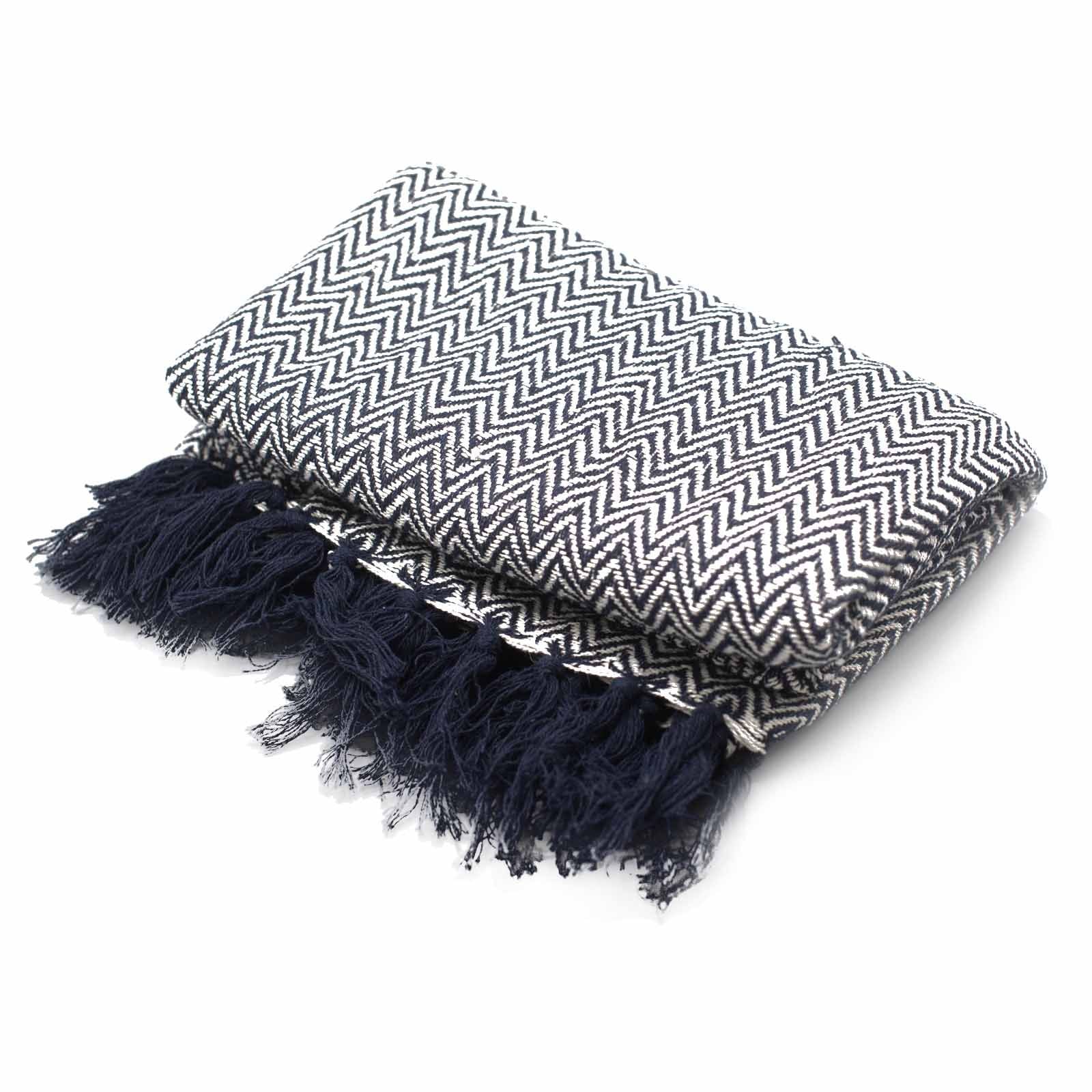 Manta Boho Conforto Zigzag Azul Marinho