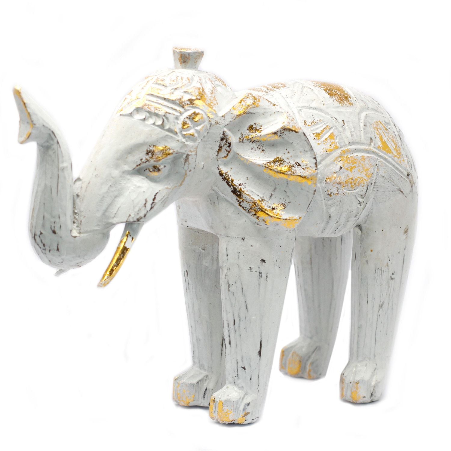 Elefante Esculpido em Madeira – Dourado e Branco