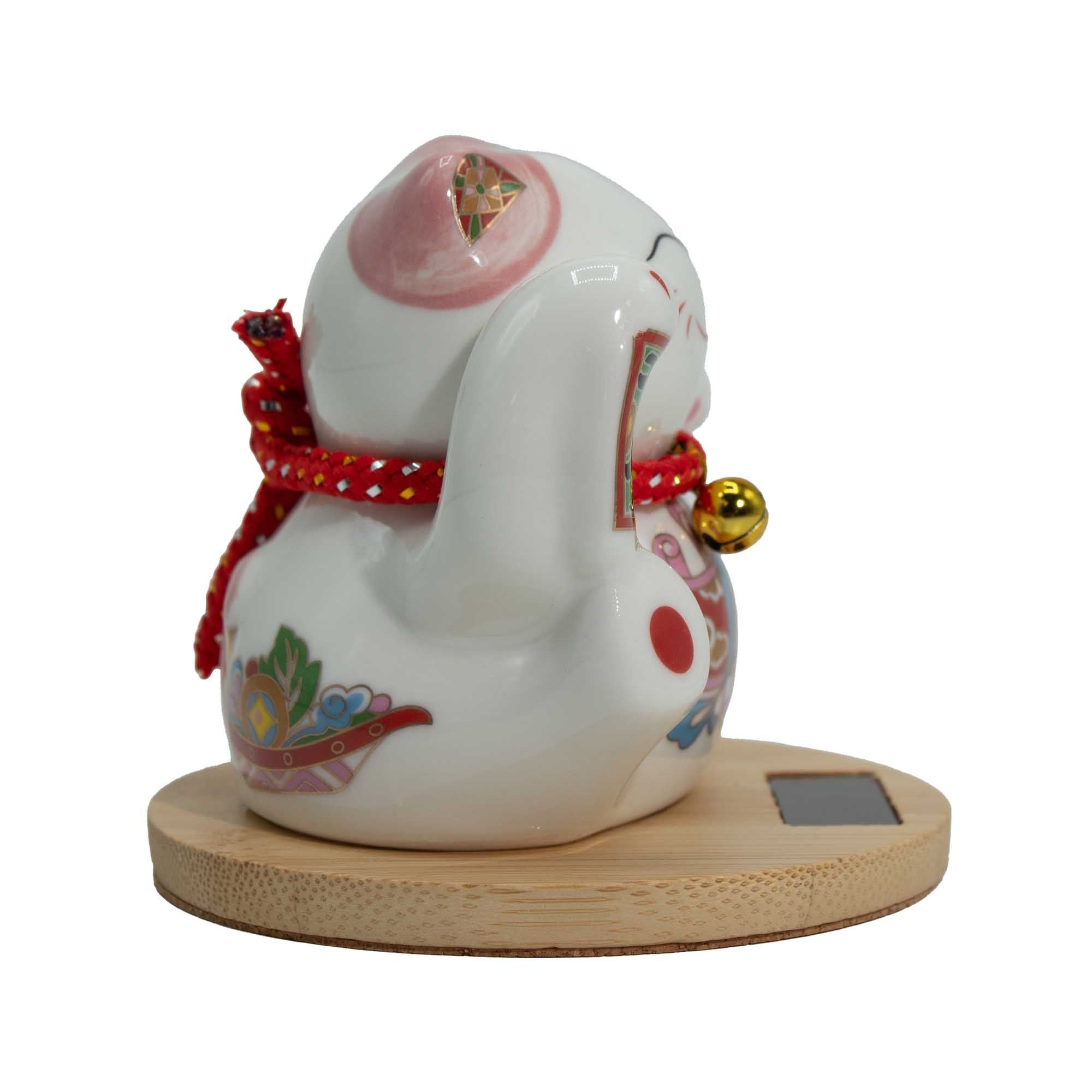 Gato da Sorte Maneki Neko Solar com Base de Madeira, Mão Rosa
