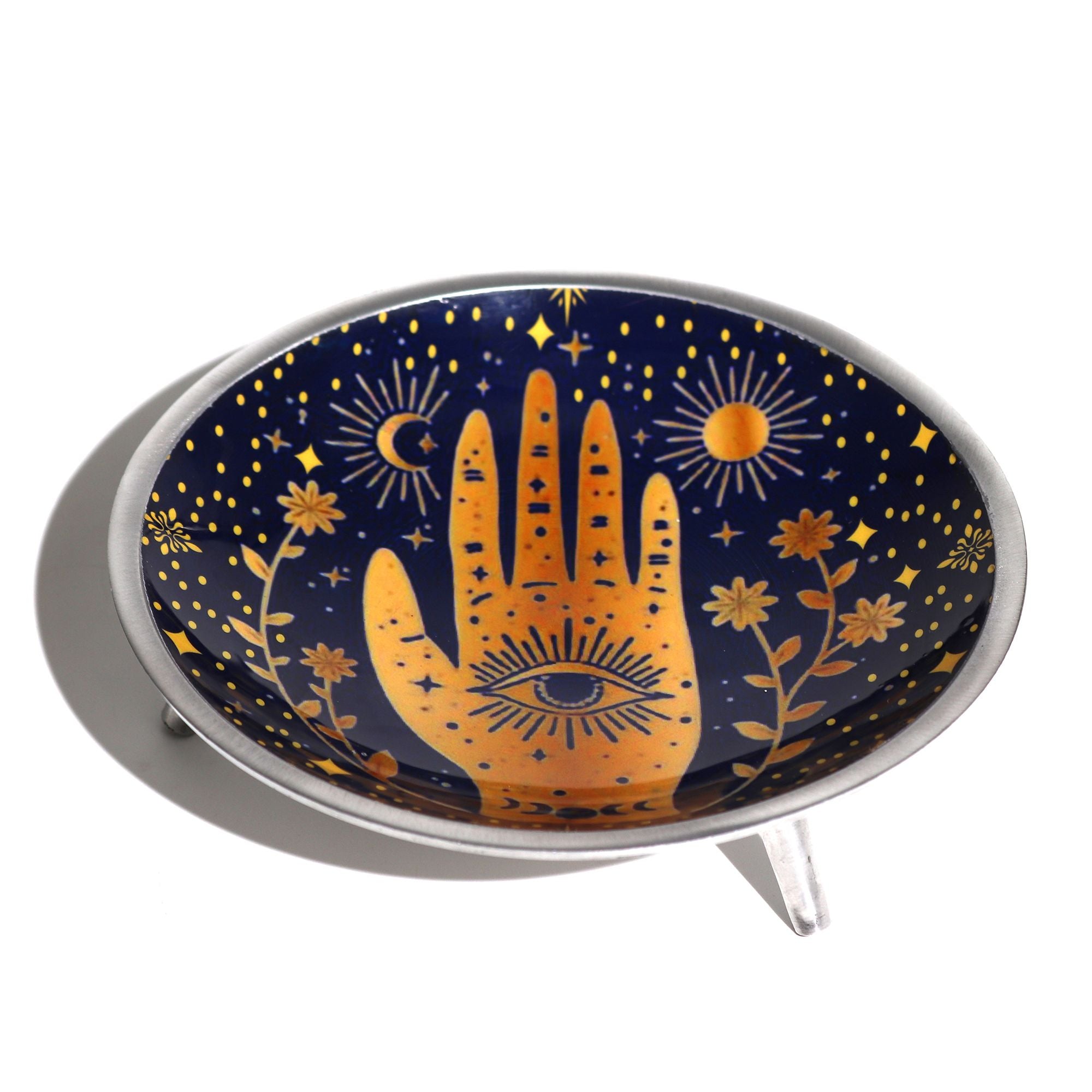 Prato de Oferenda Esmaltado Tripé Hamsa Azul Meia-Noite