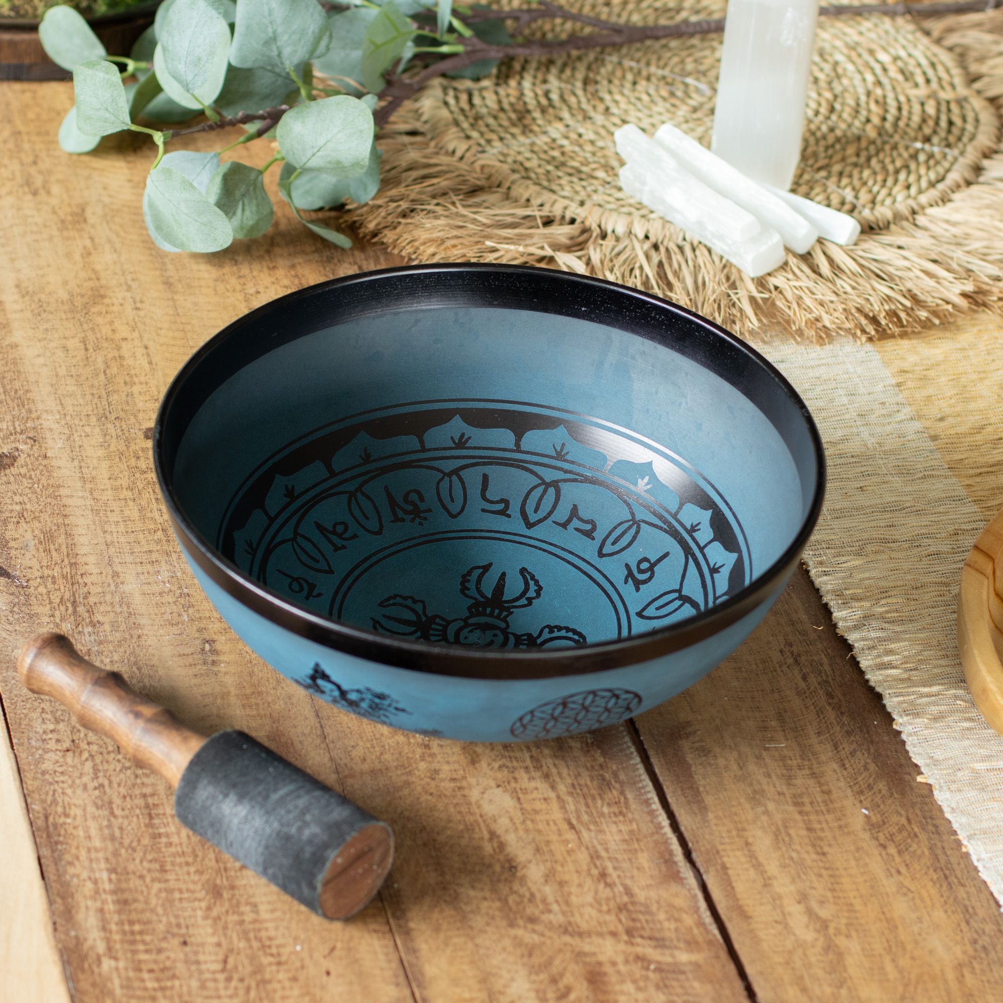 Cuenco tibetano grande de aluminio – Diseño tibetano doble Dorje – Azul