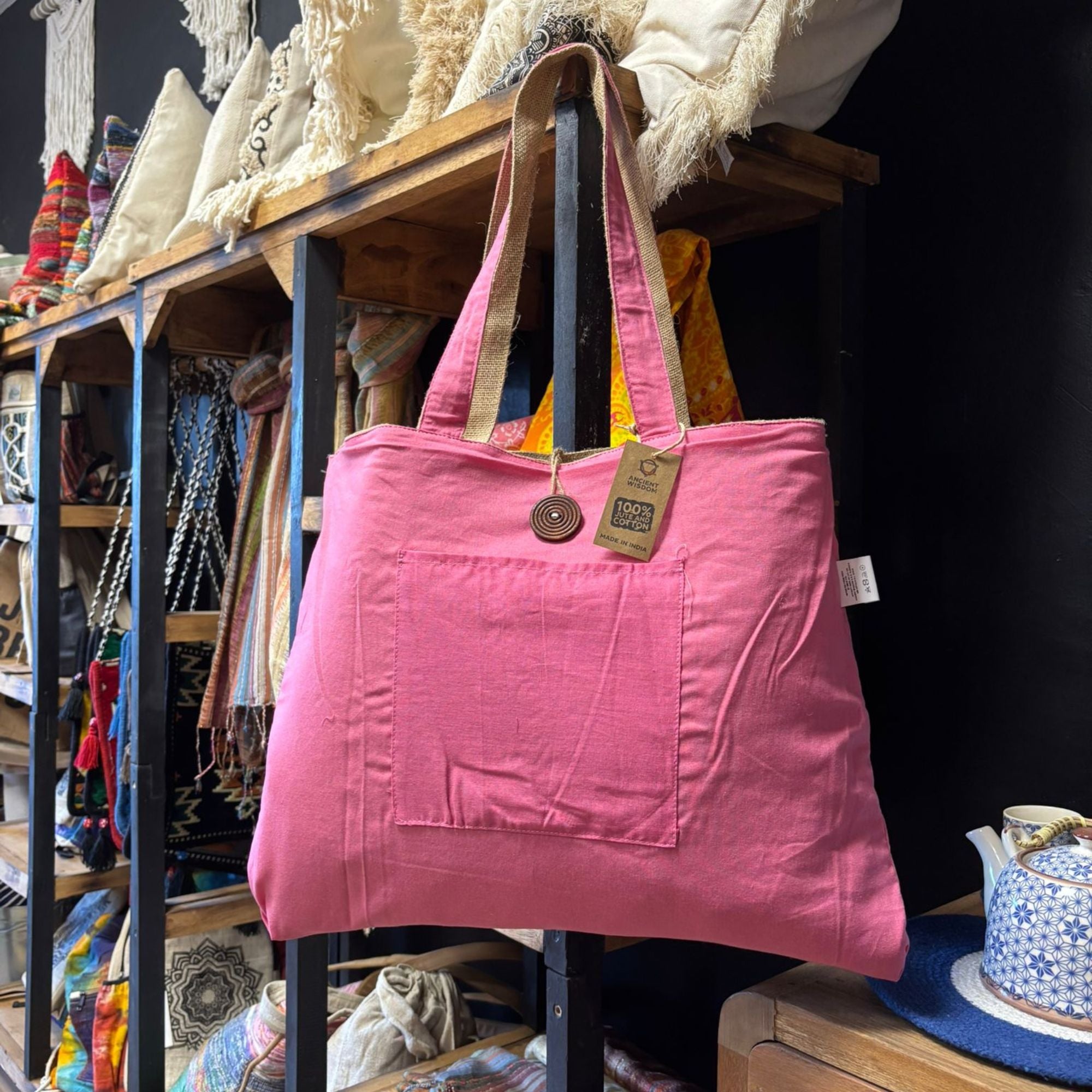 Bolsa Grande Reversível de Juta e Algodão - Rosa