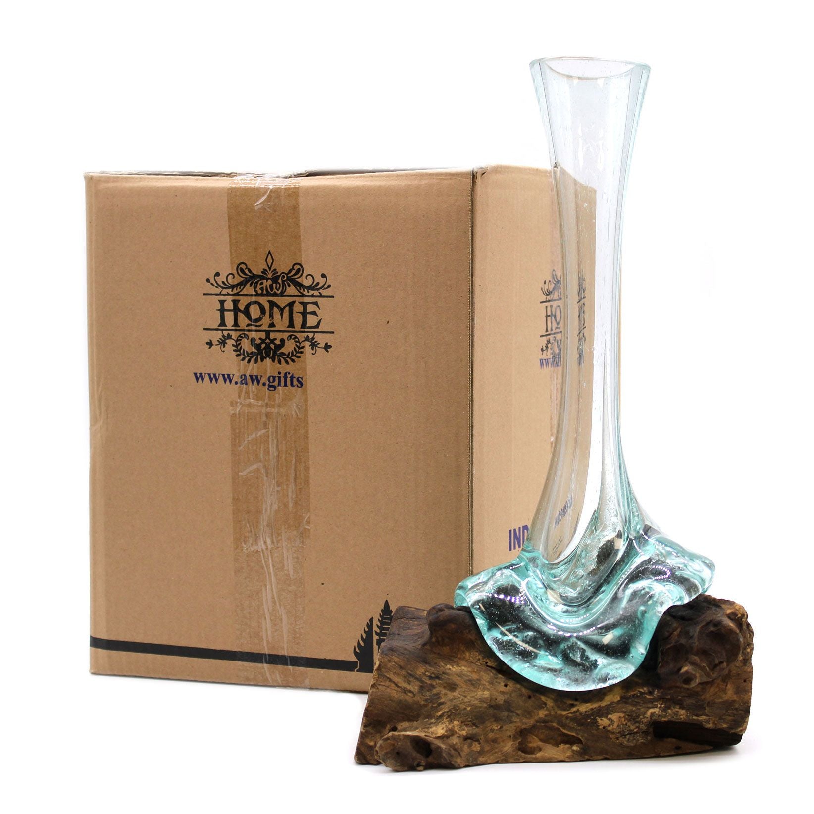 Macetero de cristal fundido sobre madera