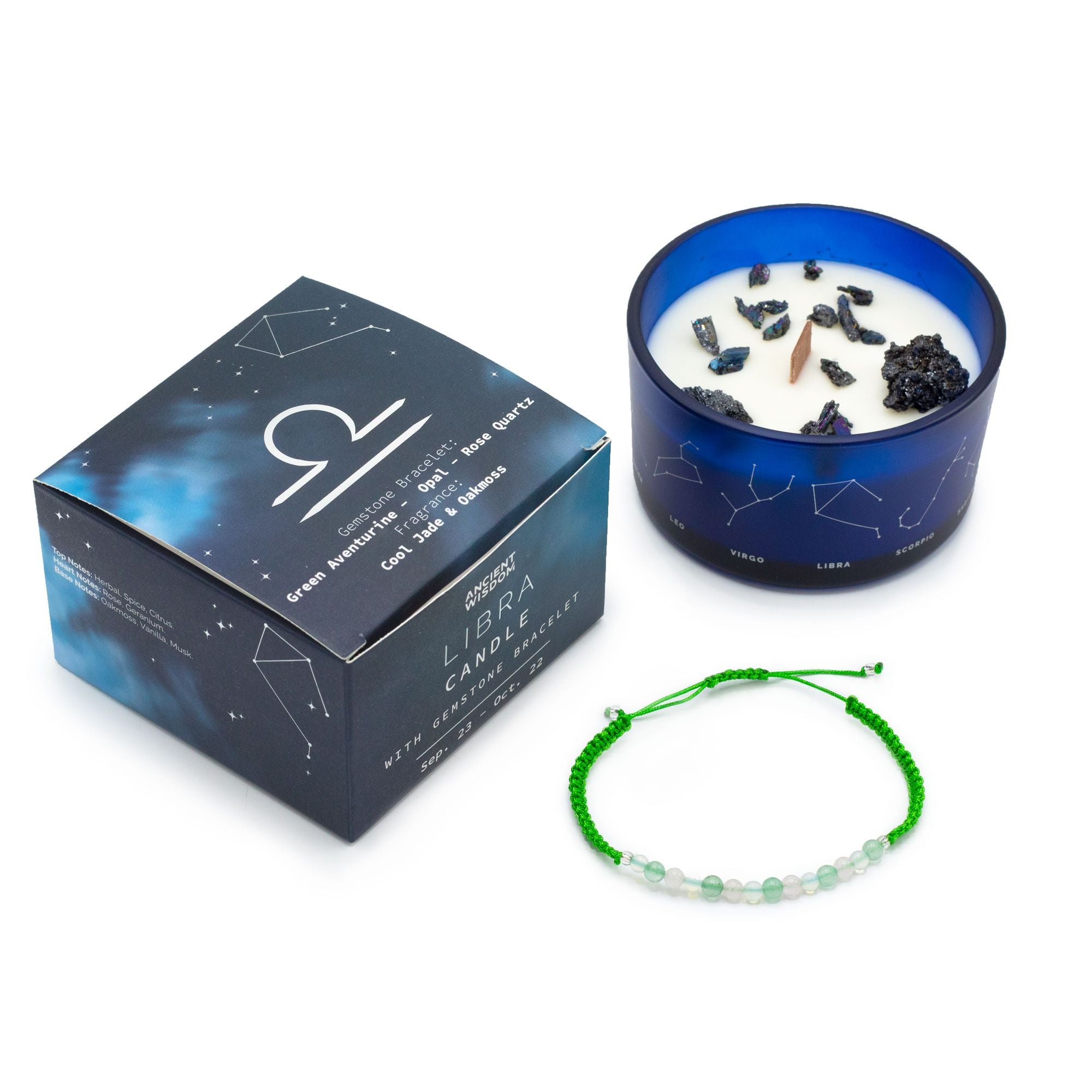 Vela de Cristal do Zodíaco com Pulseira de Pedras Naturais Balança