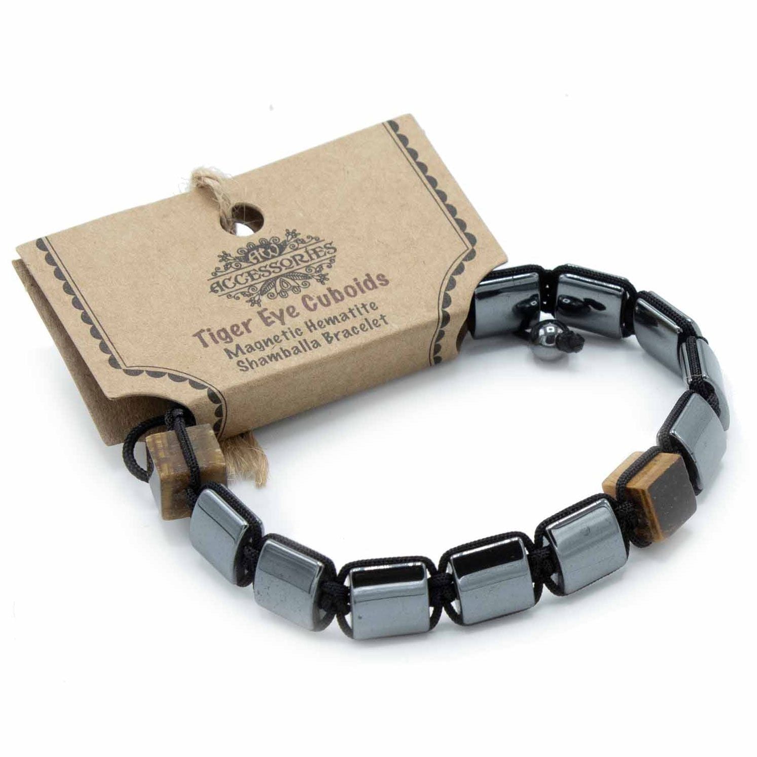 Pulsera Magnética Shamballa de Hematita – Cubos de Ojo de Tigre