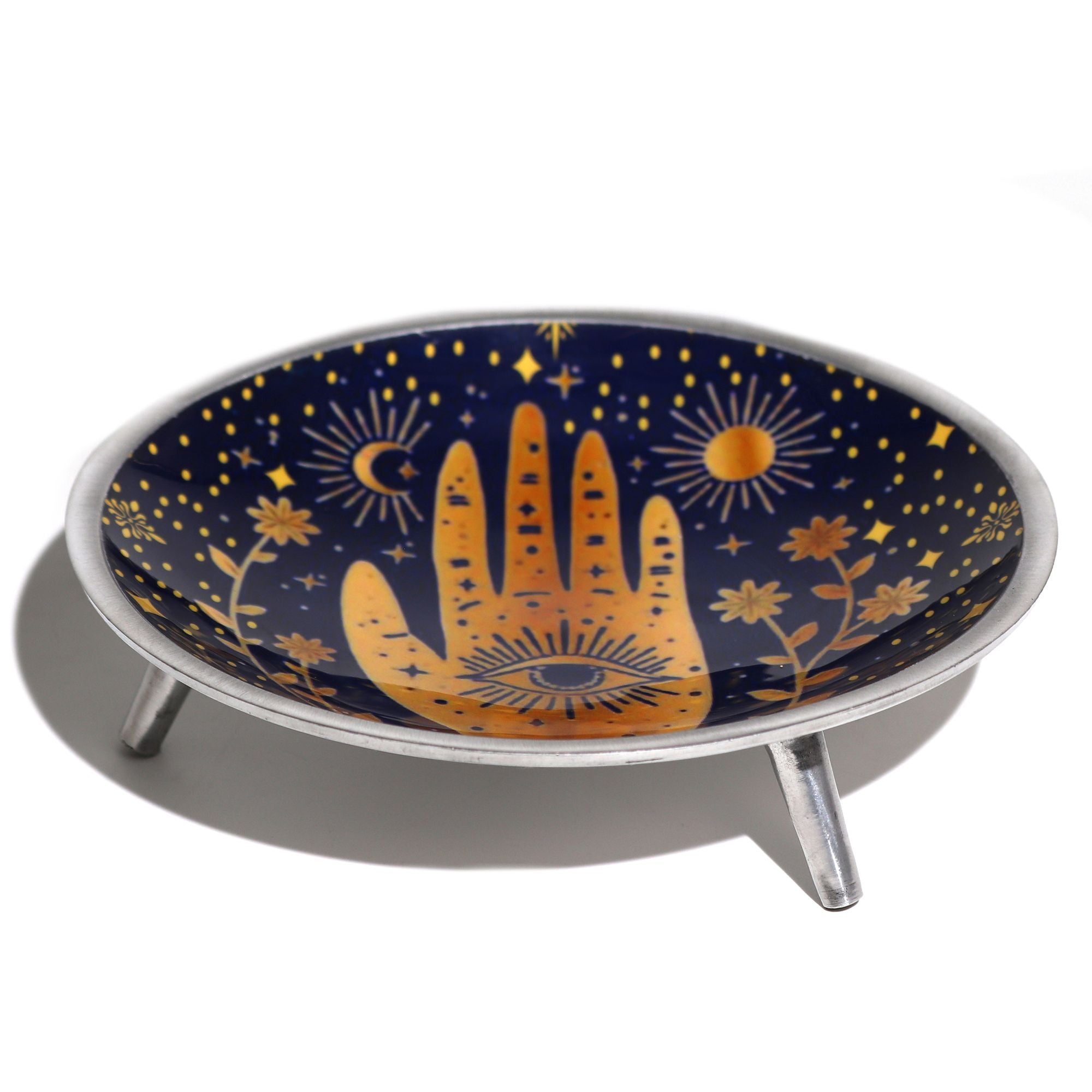 Prato de Oferenda Esmaltado Tripé Hamsa Azul Meia-Noite