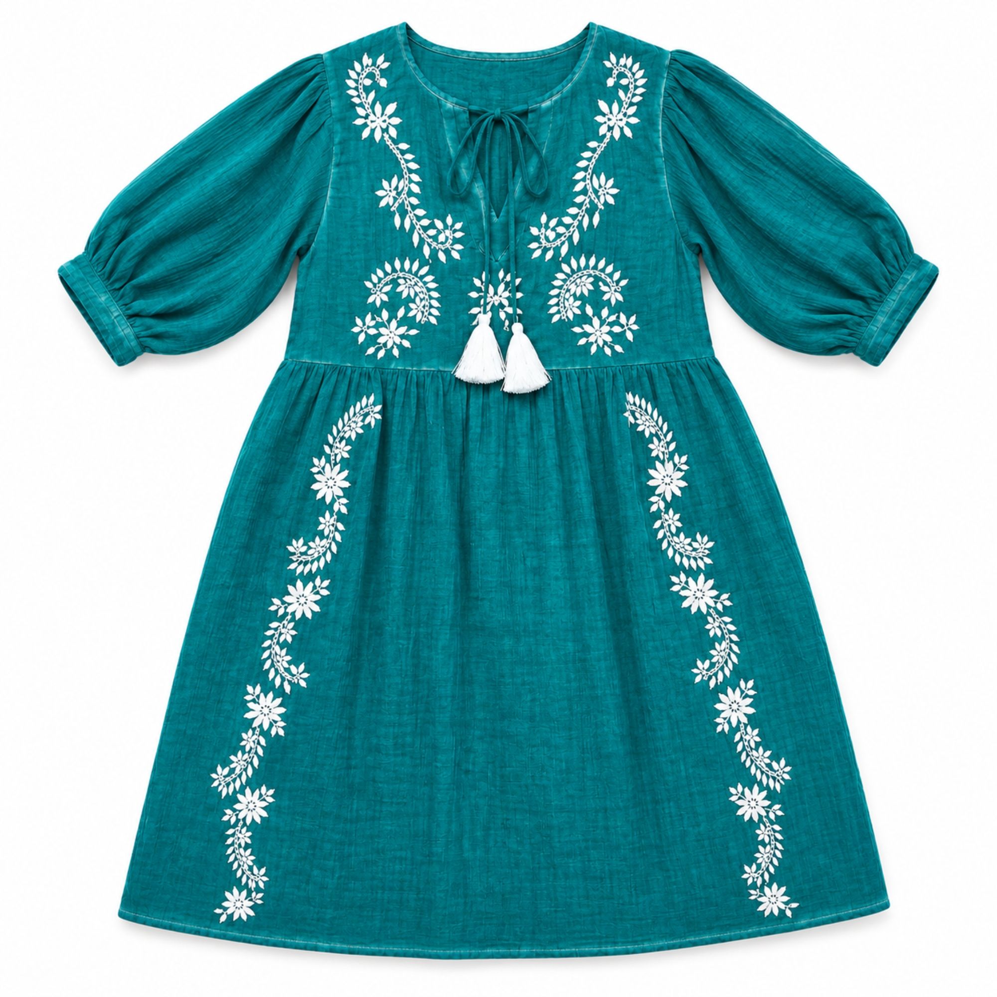 Vestido Nomad Sari Turquesa com Bordado & Franjas