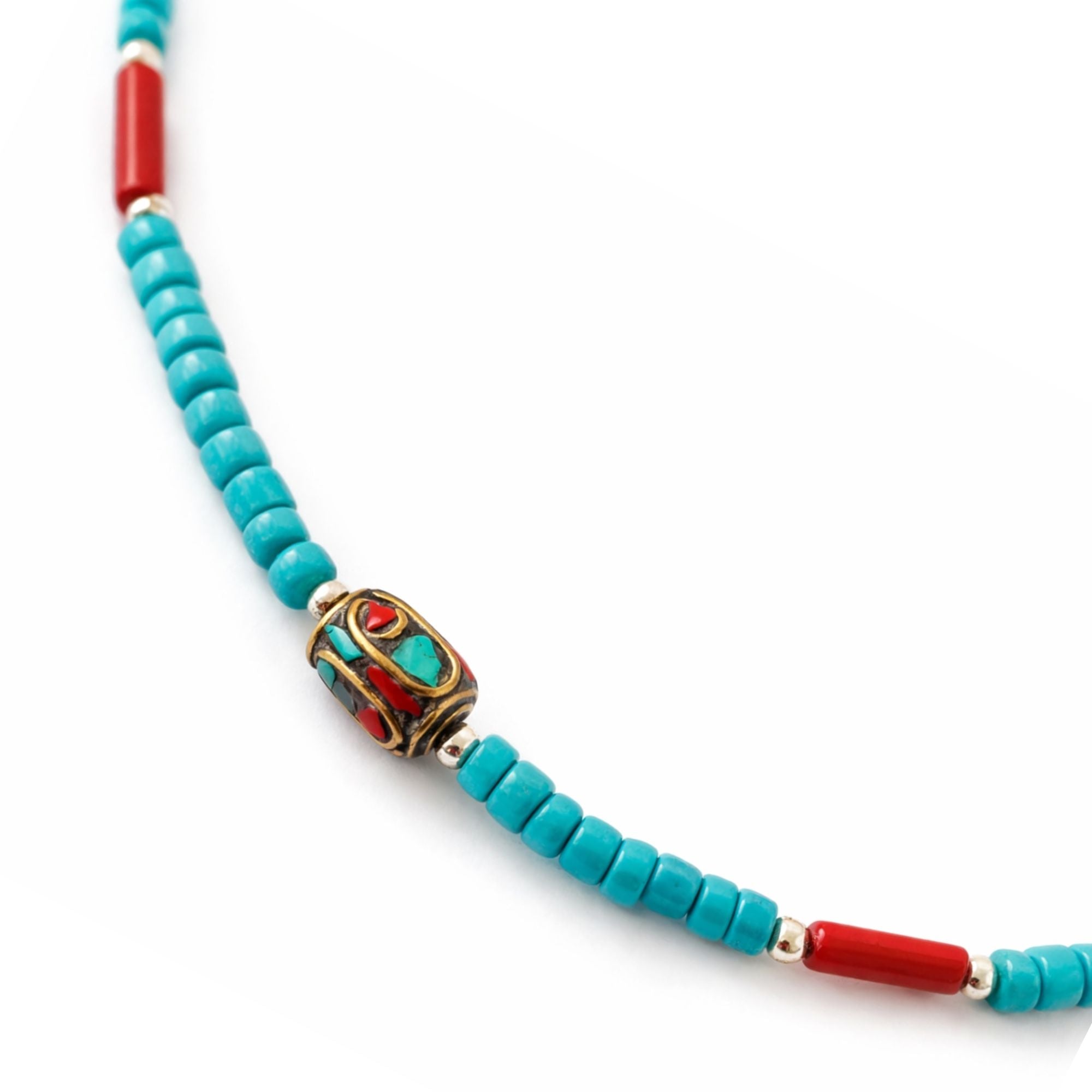 Colar Nepalês com Contas Tribais de Turquesa e Coral - (50 cm) e Pulseira - (17 cm) Conjunto