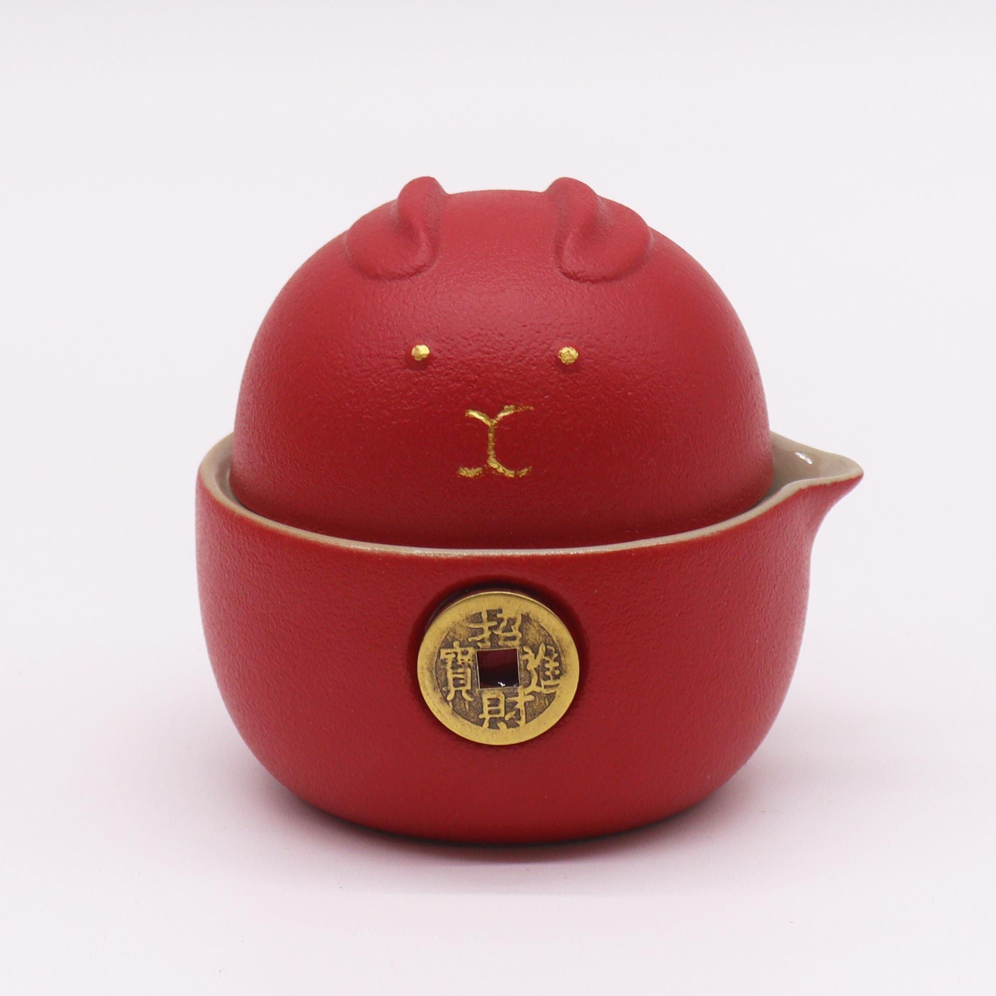 Conjunto de Bule Gato da Sorte – Duas Chávenas e Estojo de Viagem – Vermelho