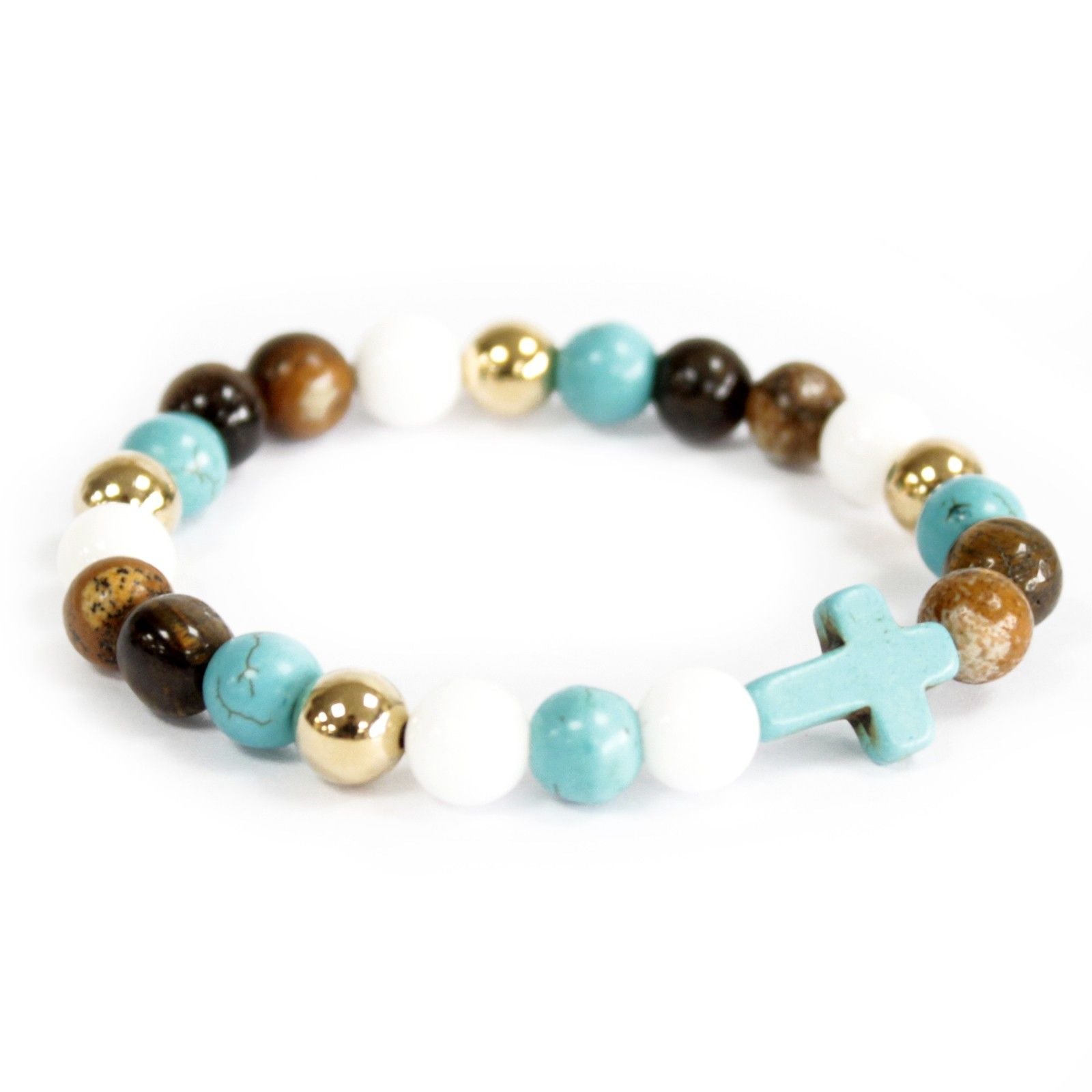 Natural Stone Bracelet with Turquoise Cross and Natural Pearls