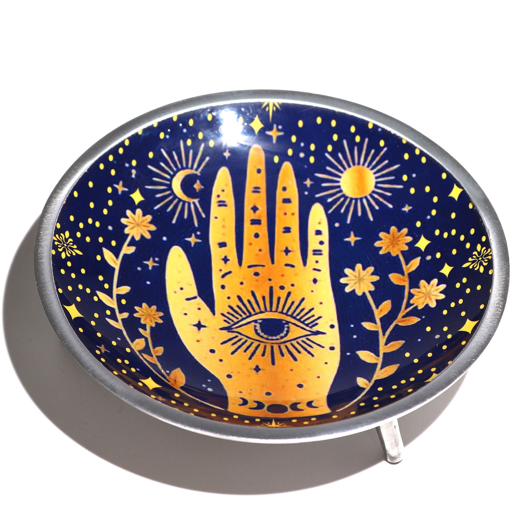 Prato de Oferenda Esmaltado Tripé Hamsa Azul Meia-Noite