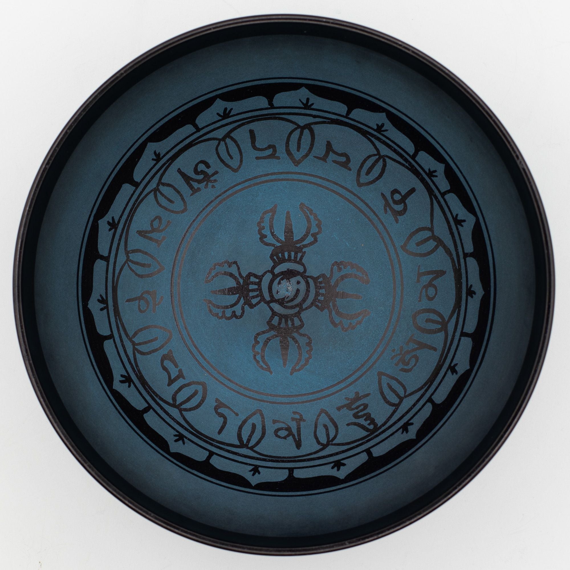 Cuenco tibetano grande de aluminio – Diseño tibetano doble Dorje – Azul