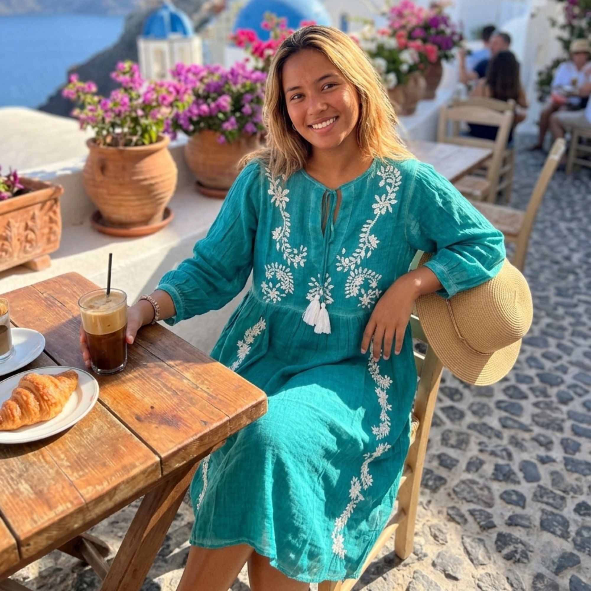 Vestido Nomad Sari Turquesa com Bordado & Franjas