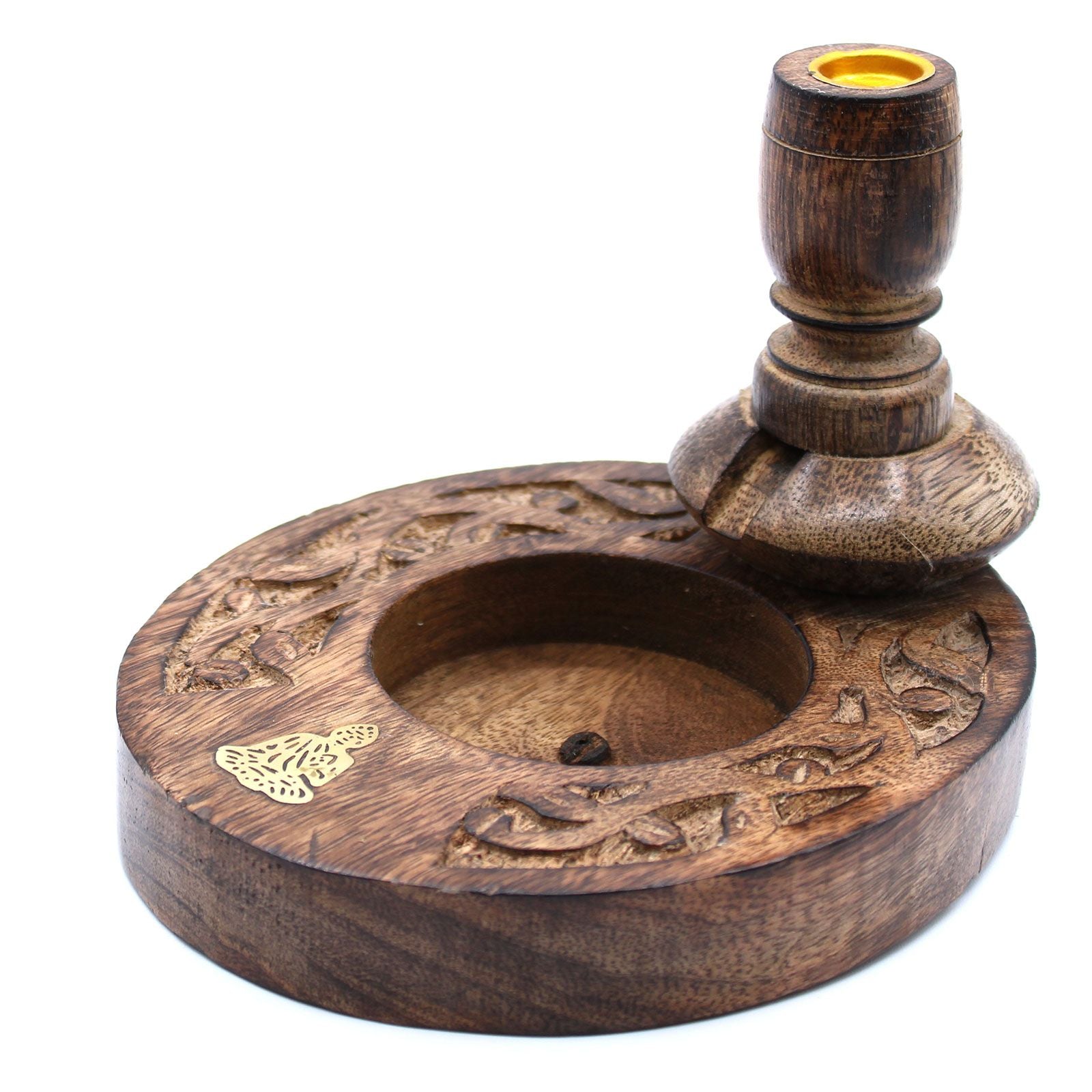 Backflow Incense Burner in Mango Wood with Brass Buddha