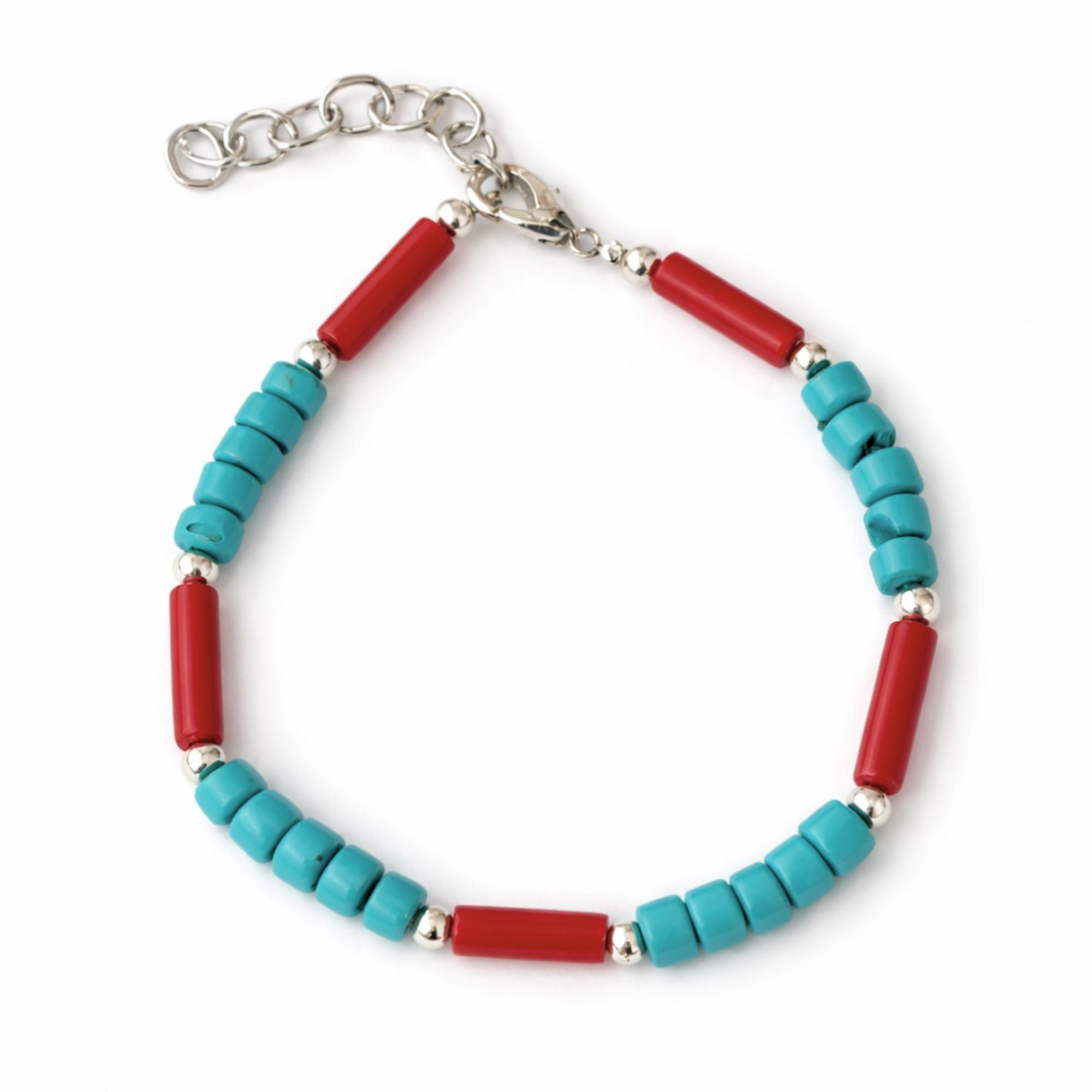 Colar Nepalês com Contas Tribais de Turquesa e Coral - (50 cm) e Pulseira - (17 cm) Conjunto