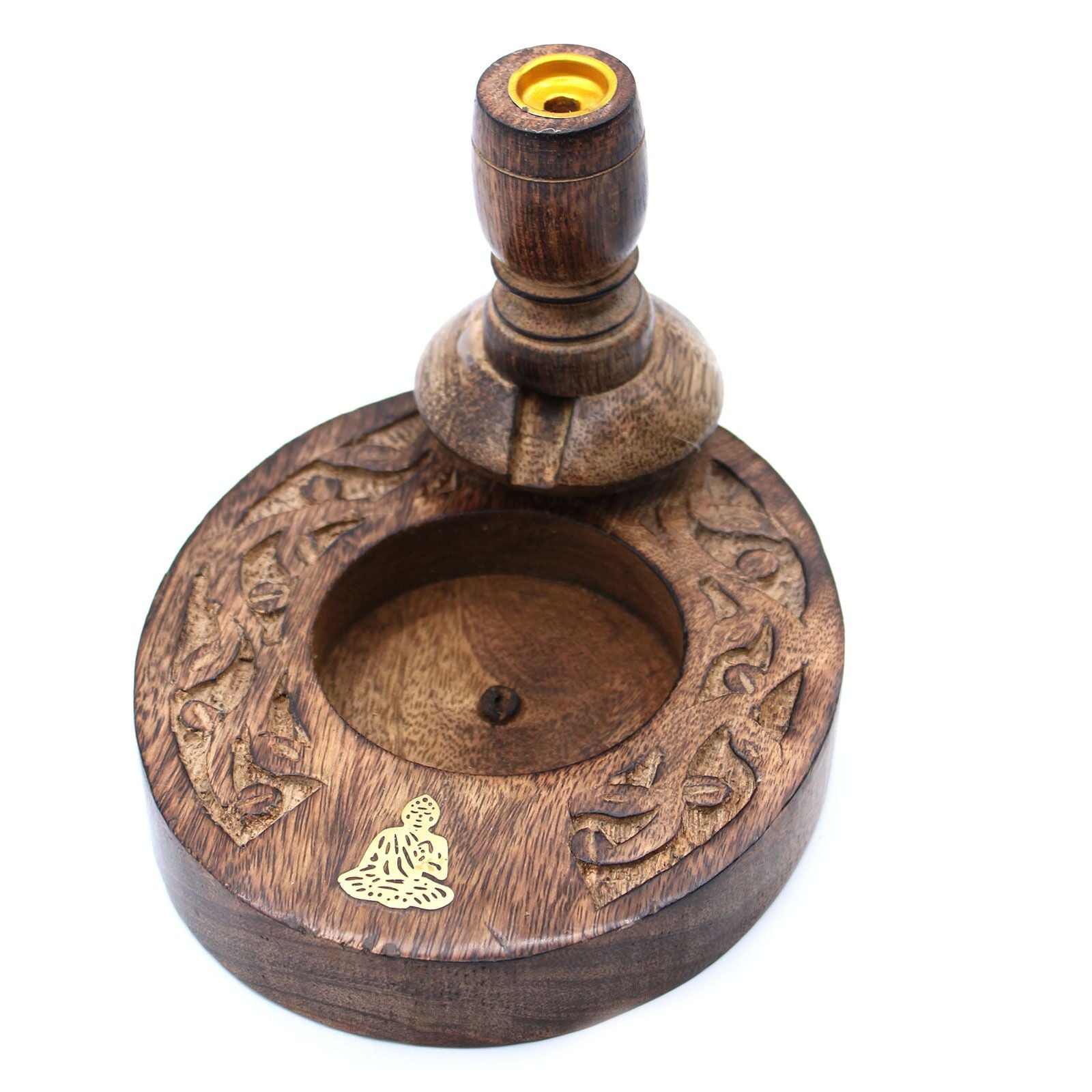 Backflow Incense Burner in Mango Wood with Brass Buddha