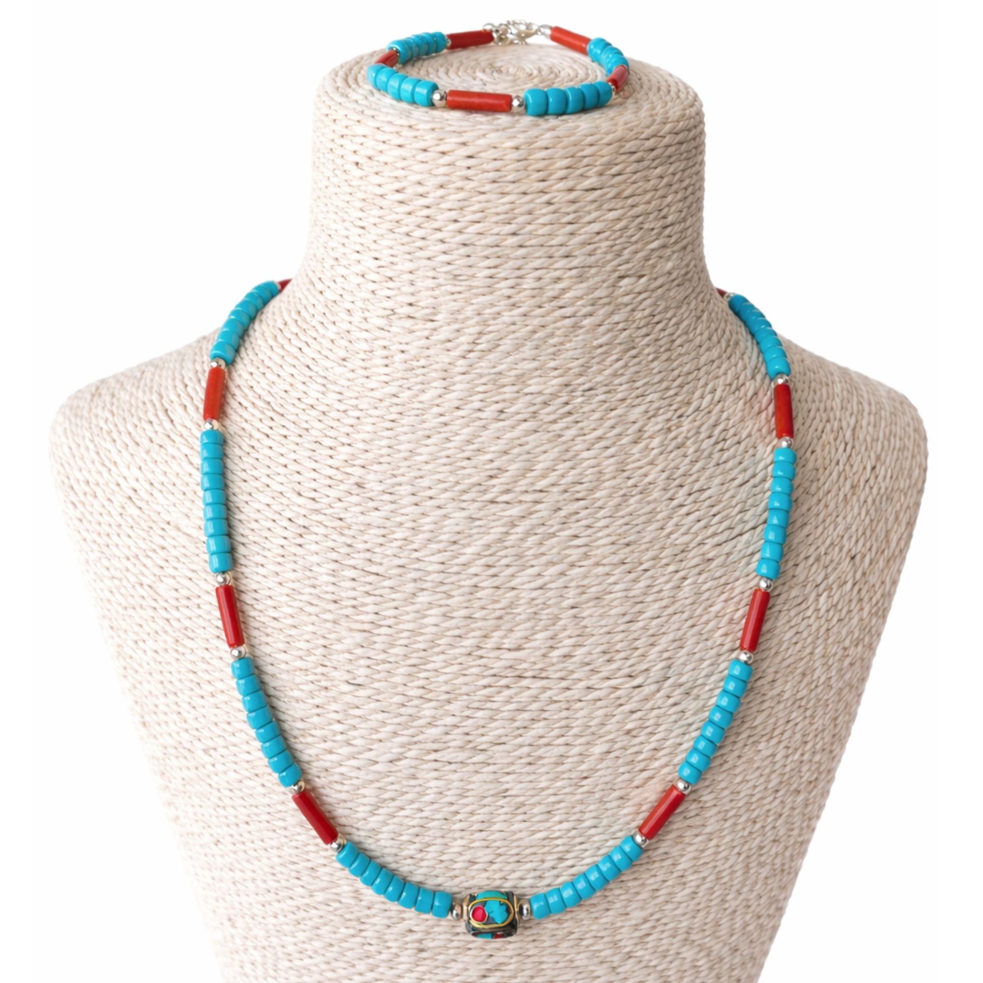 Colar Nepalês com Contas Tribais de Turquesa e Coral - (50 cm) e Pulseira - (17 cm) Conjunto