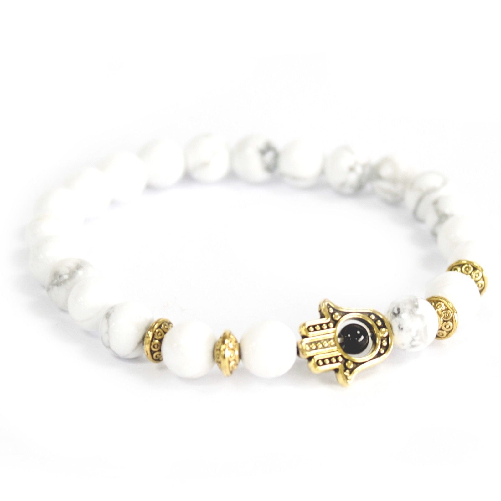 White Stone Bracelet with Golden Hamsa