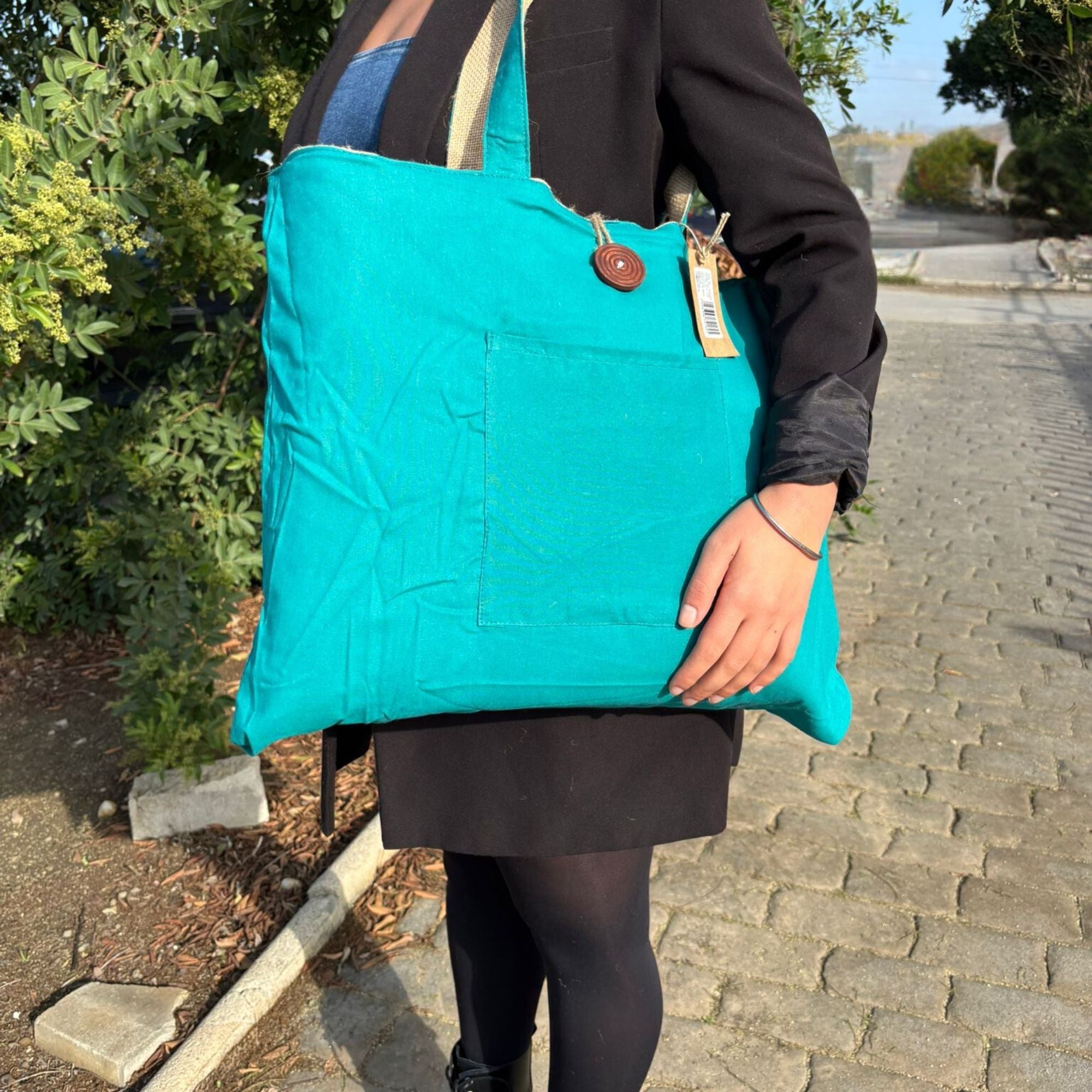 Bolsa Grande Reversível de Juta e Algodão - Verde Azulado
