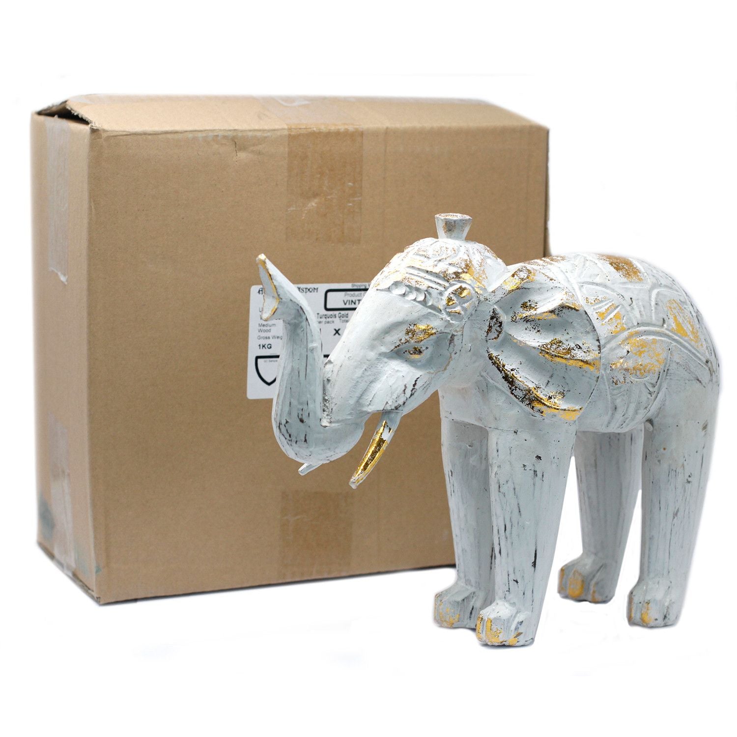 Elefante tallado en madera – Dorado y Blanco