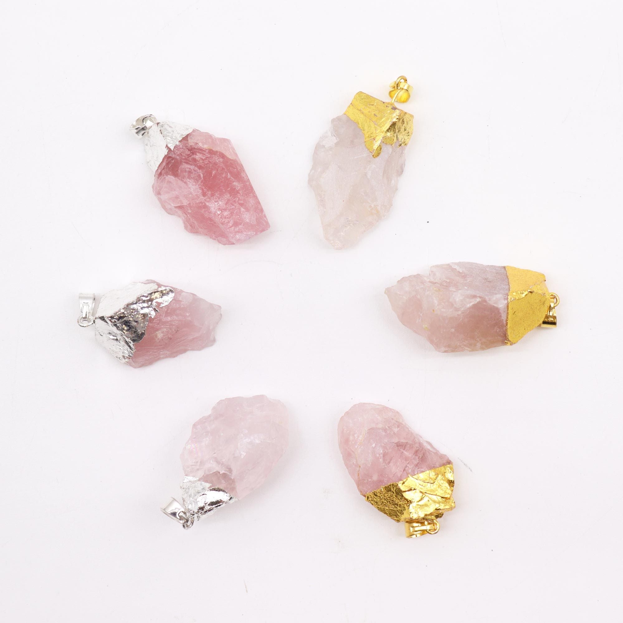 Pendentes de Quartzo Rosa Banhados a Ouro e Prata (6 unidades sortidas)