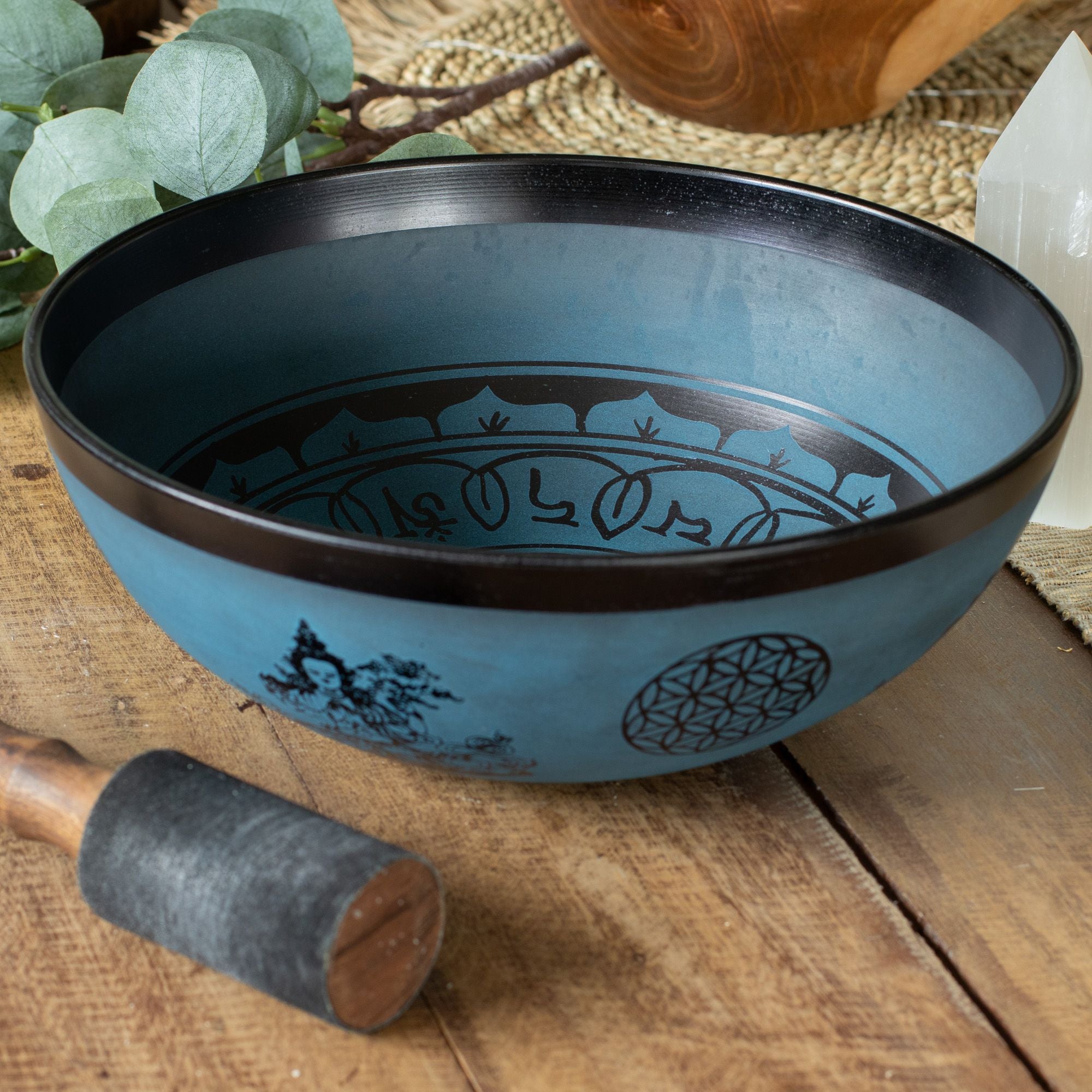 Cuenco tibetano grande de aluminio – Diseño tibetano doble Dorje – Azul