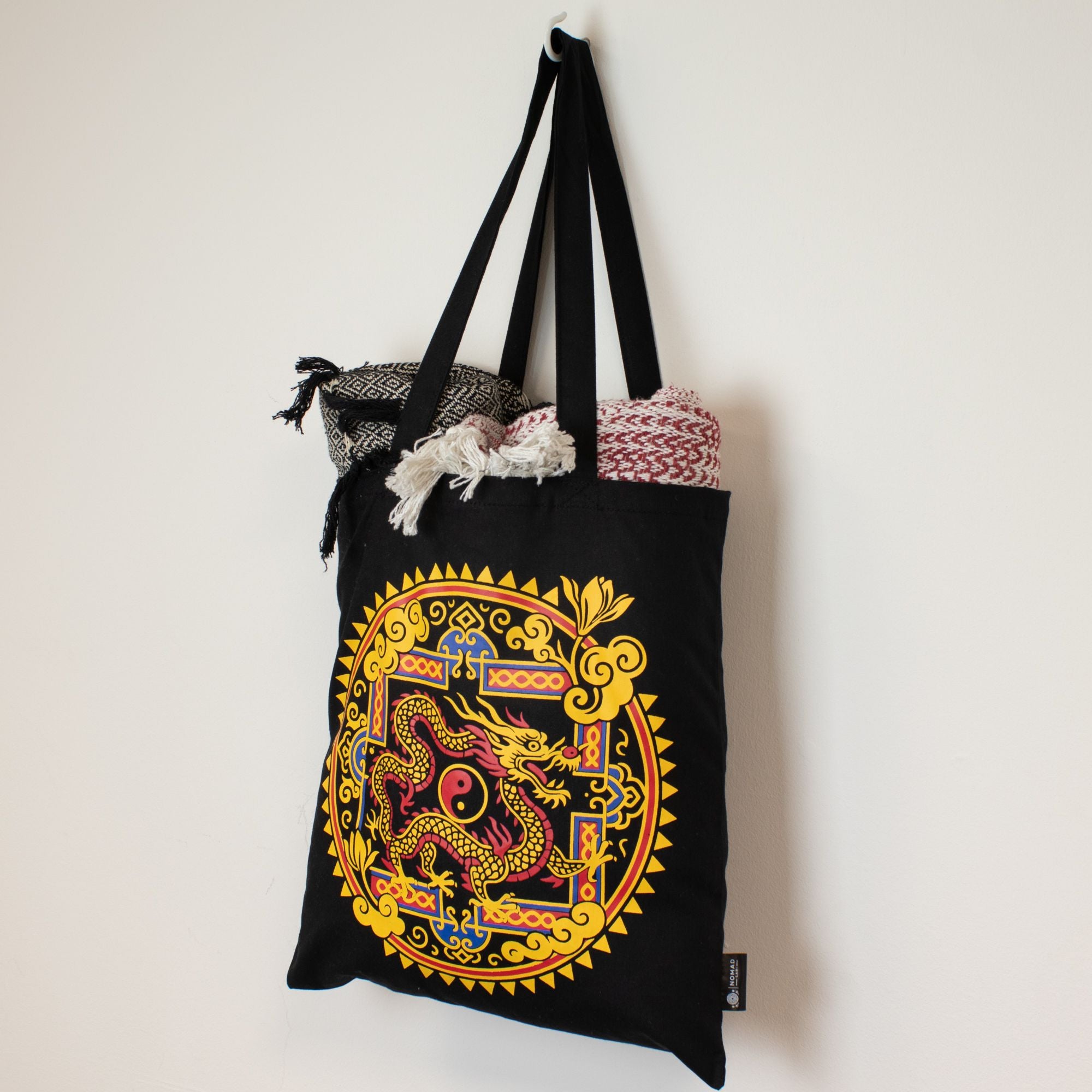 Bolsa Tote em Algodão Dragão Yin Yang Preto 40 x 36 cm