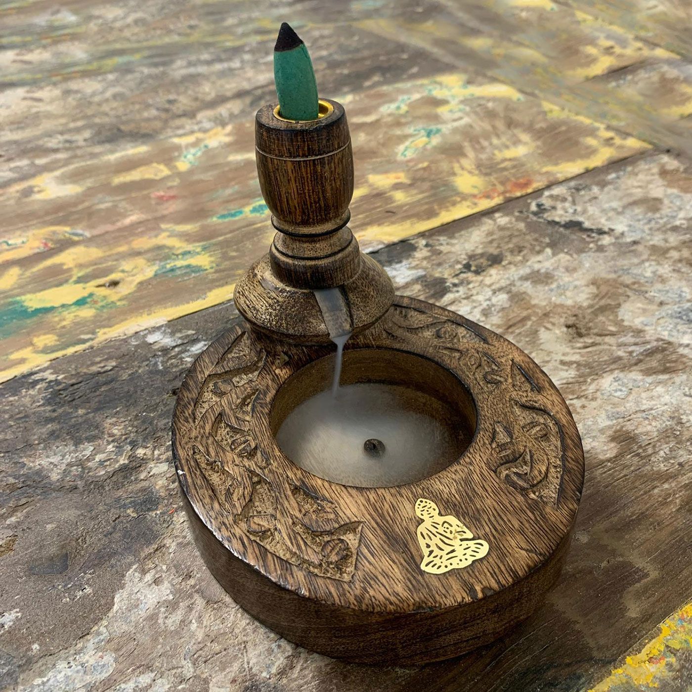 Backflow Incense Burner in Mango Wood with Brass Buddha
