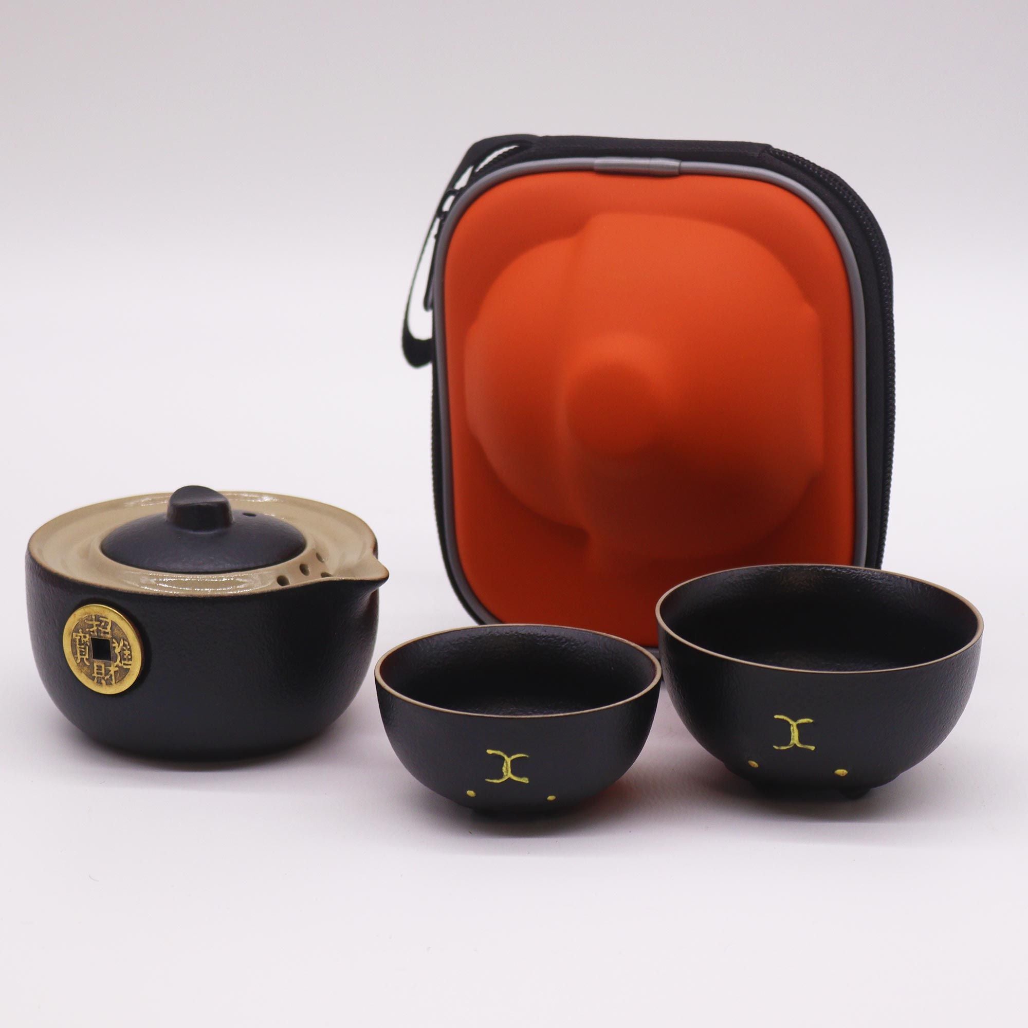 Conjunto de Bule Gato da Sorte – Duas Chávenas e Estojo de Viagem – Preto