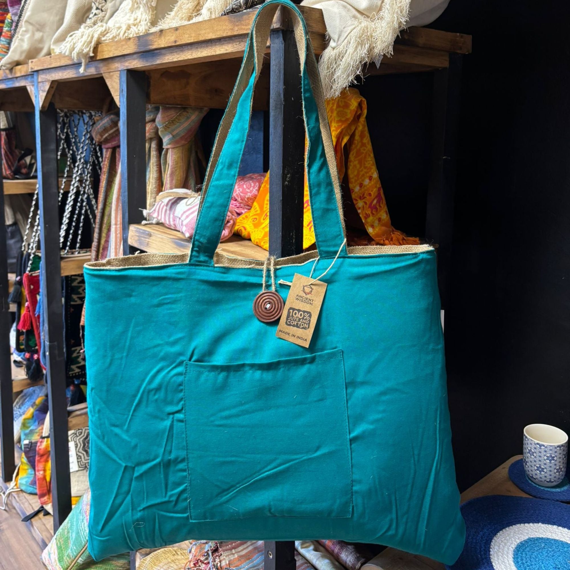 Bolsa Grande Reversível de Juta e Algodão - Verde Azulado