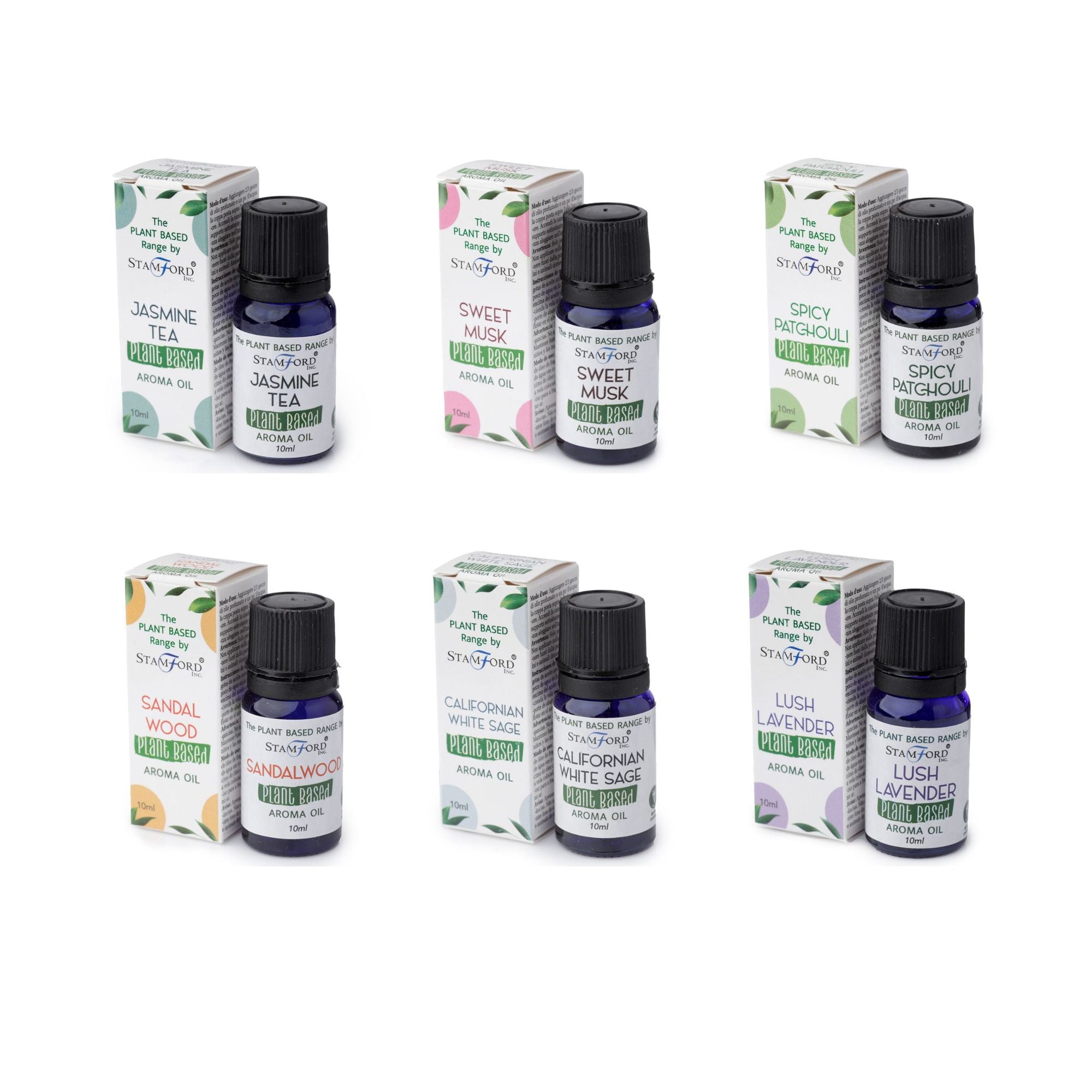 Pack de 6 Óleos Aromáticos à Base de Plantas - Sálvia Branca Californiana, Chá de Jasmim, Lavanda Exuberante, Sândalo, Patchouli, Almíscar Doce