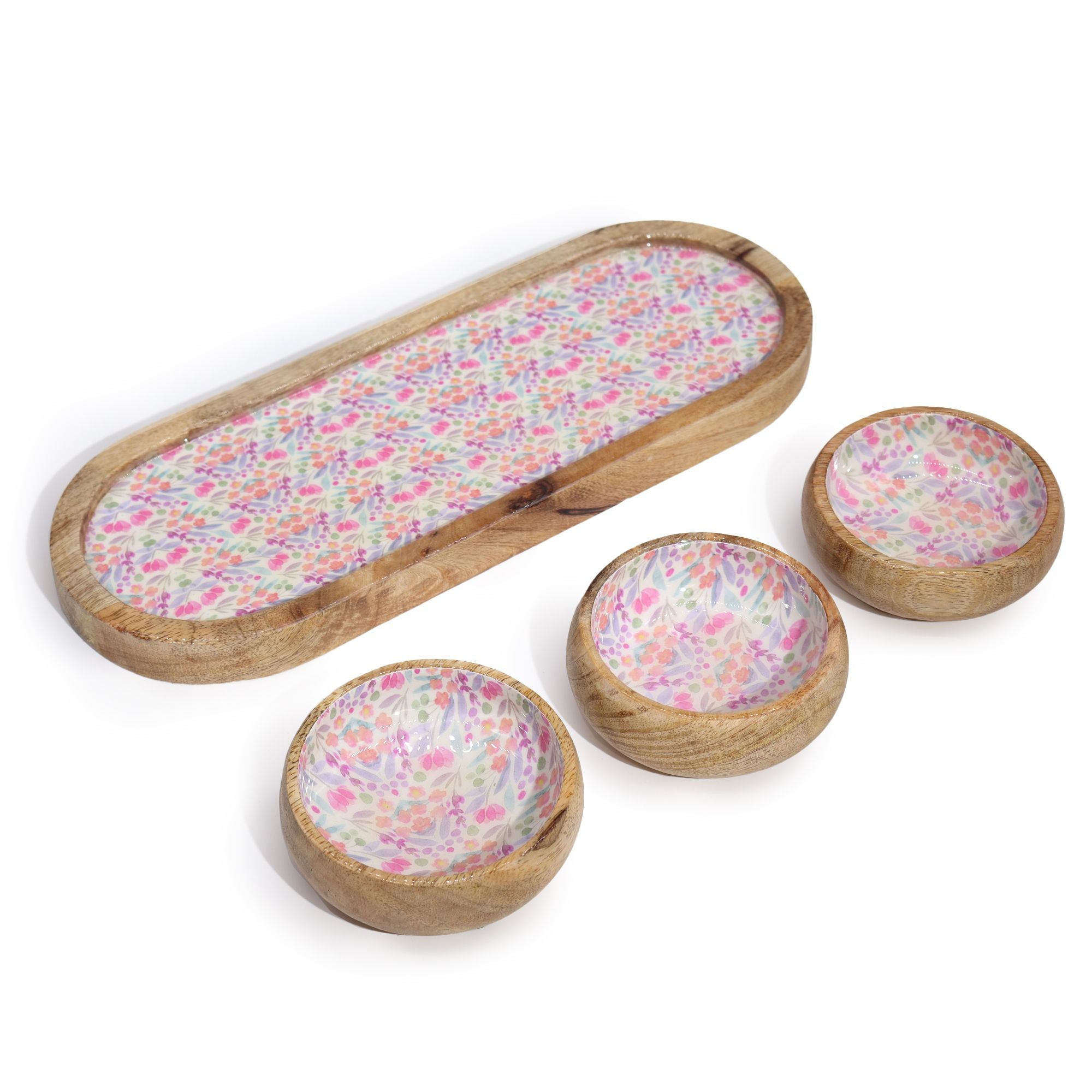 Bandeja de Madeira de Manga com 3 Taças – Floral