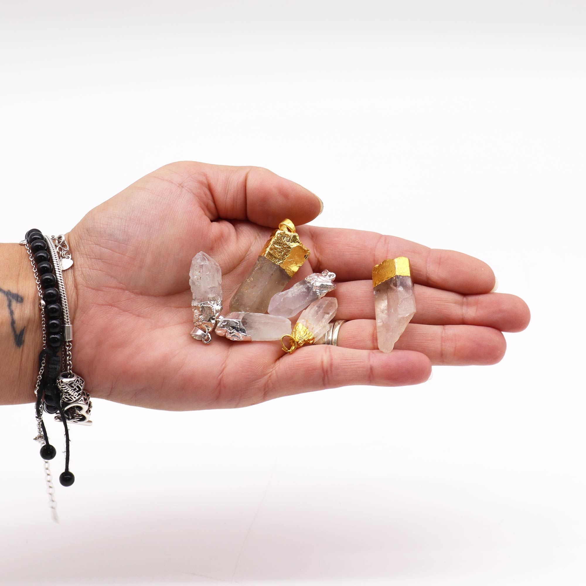 Pendentes de Quartzo Transparente Banhados a Ouro e Prata (6 unidades sortidas)