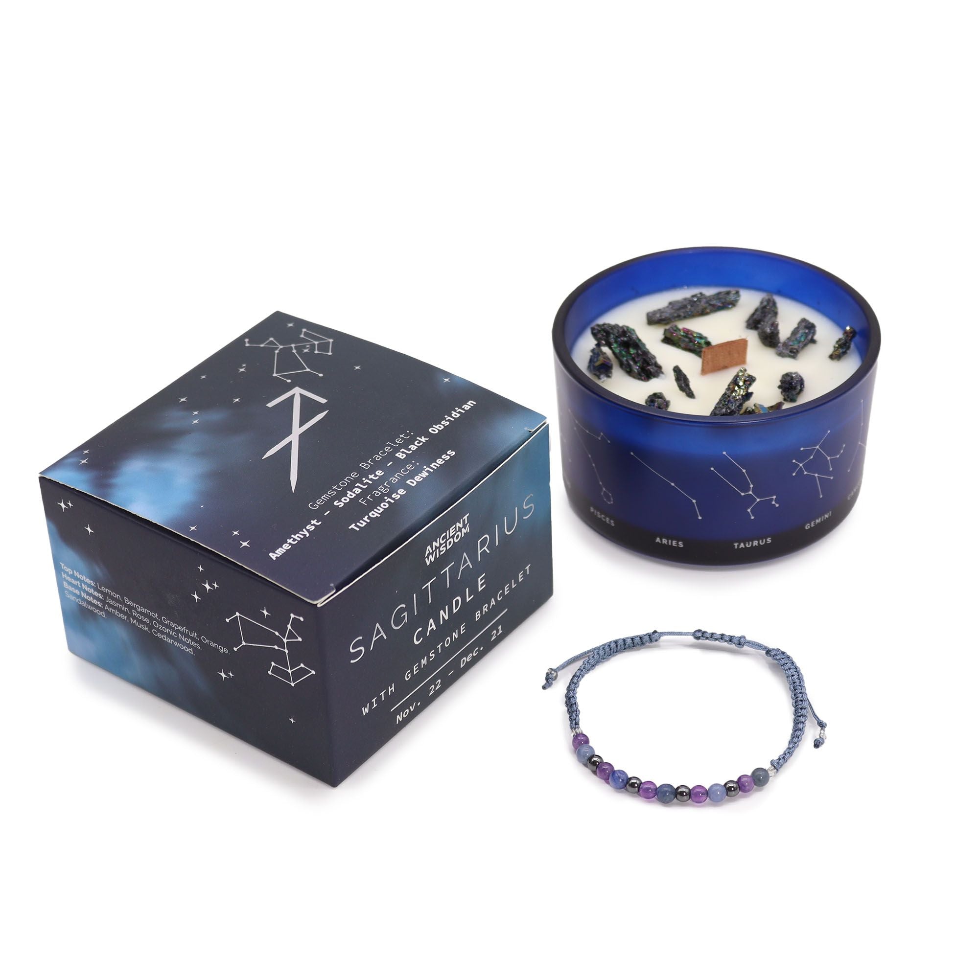 Vela de Cristal do Zodíaco com Pulseira de Pedras Naturais Sagitário